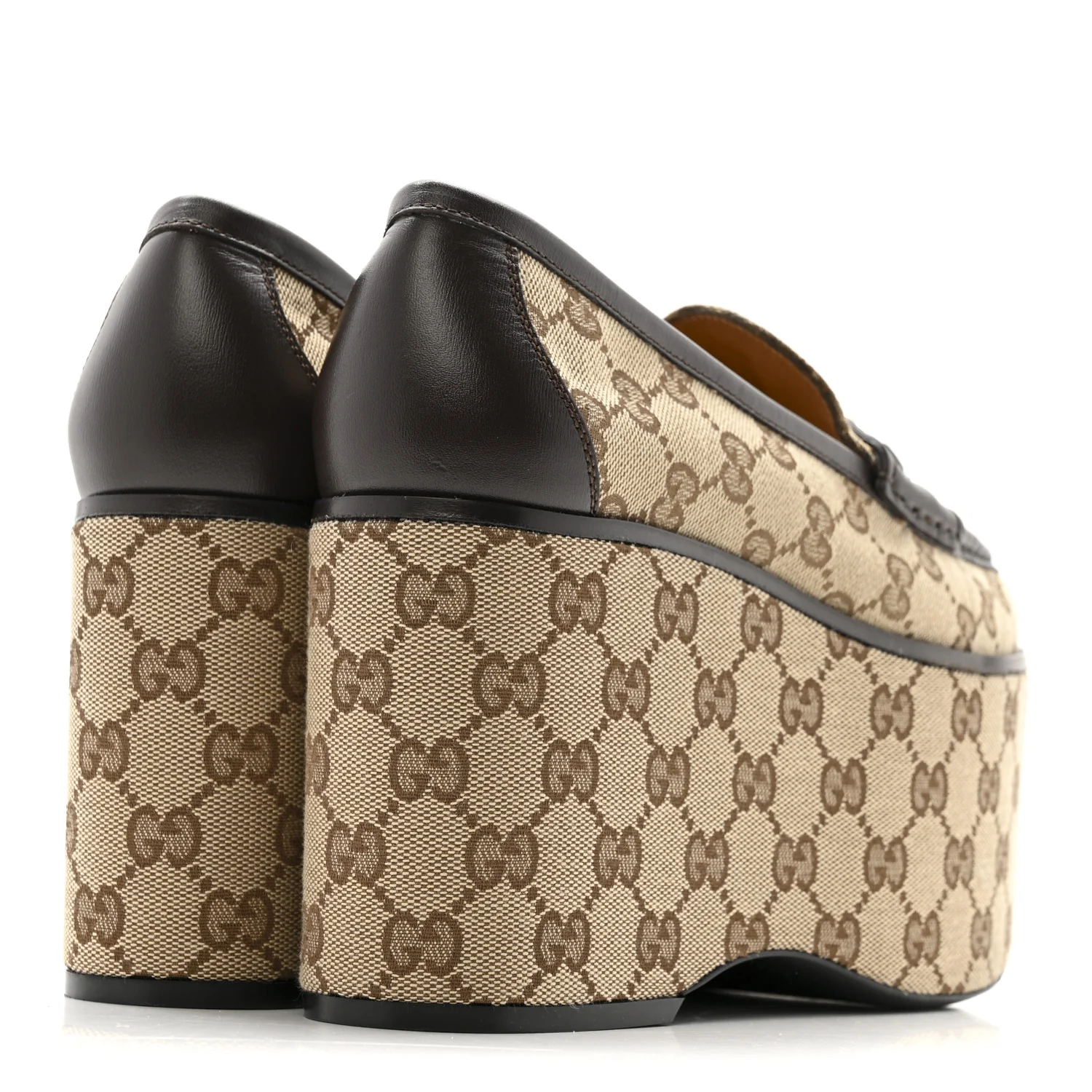 Canvas GG Monogram Horsebit Calfskin Womens Horsebit Platform Loafers 38 Beige Ebony - Image 5