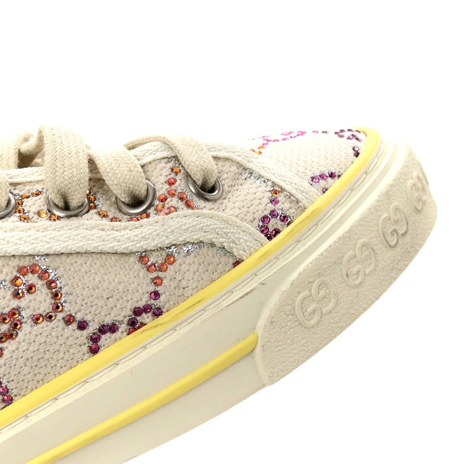 Canvas Lame Crystal GG Monogram Womens 1977 Tennis Sneakers 36 Gardenia Silver Mystic White - Image 10