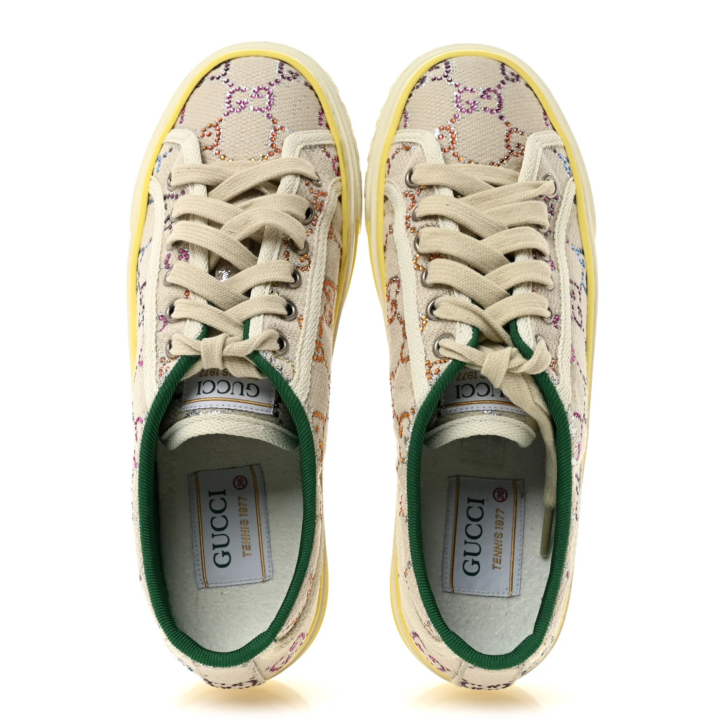 Canvas Lame Crystal GG Monogram Womens 1977 Tennis Sneakers 36 Gardenia Silver Mystic White - Image 2