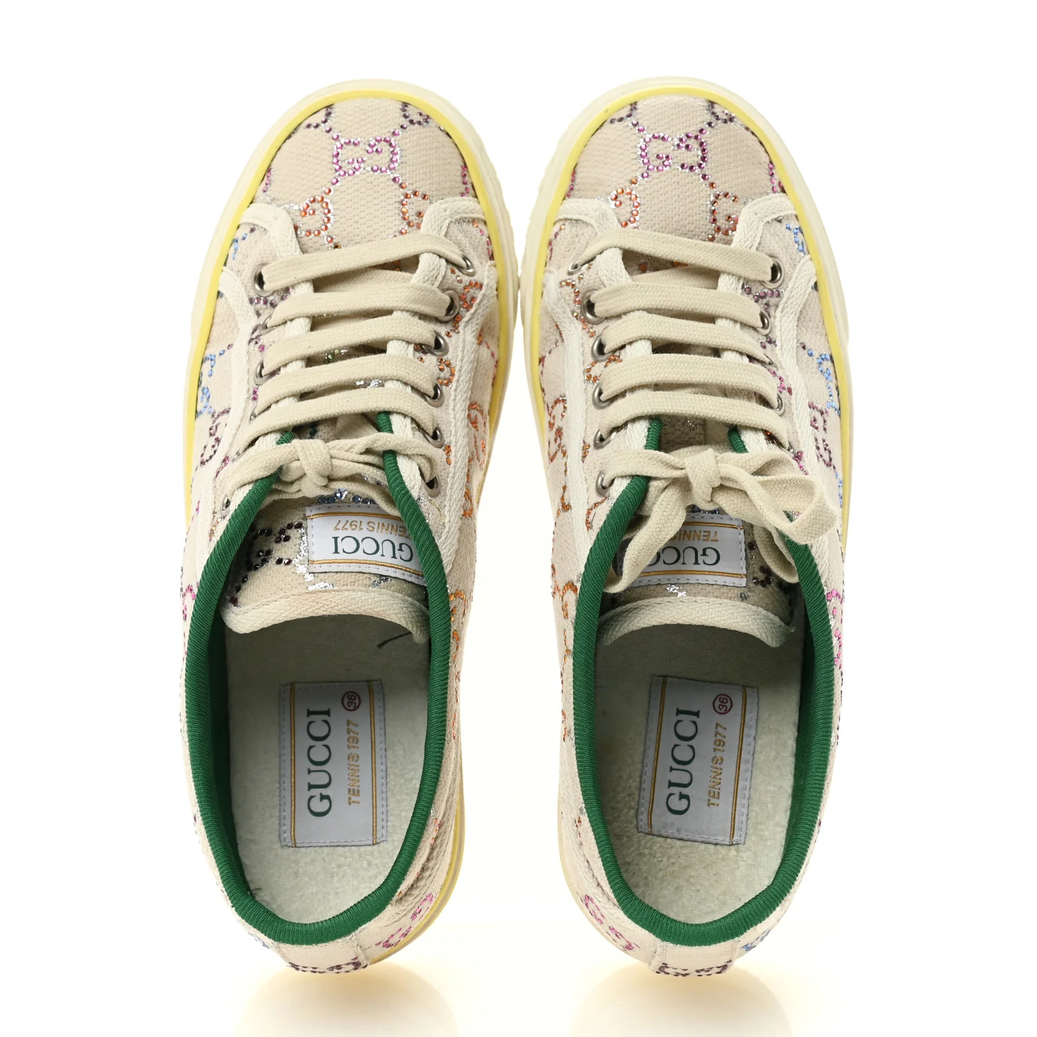 Canvas Lame Crystal GG Monogram Womens 1977 Tennis Sneakers 36 Gardenia Silver Mystic White - Image 2