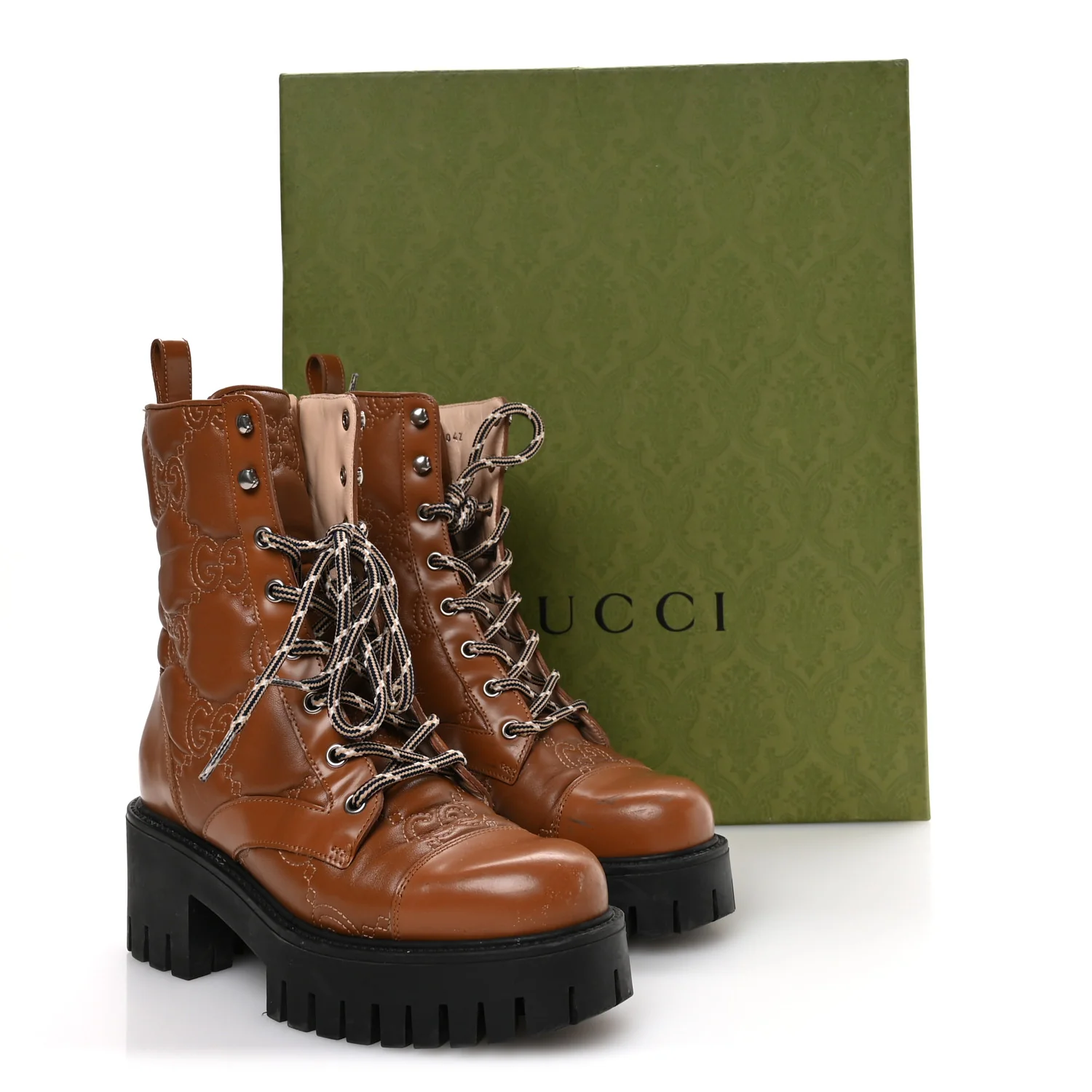 Cordovan Lux Nappa GG Matelasse Lace Up 60mm Combat Boots 36 Dark Hazel Brown - Image 9