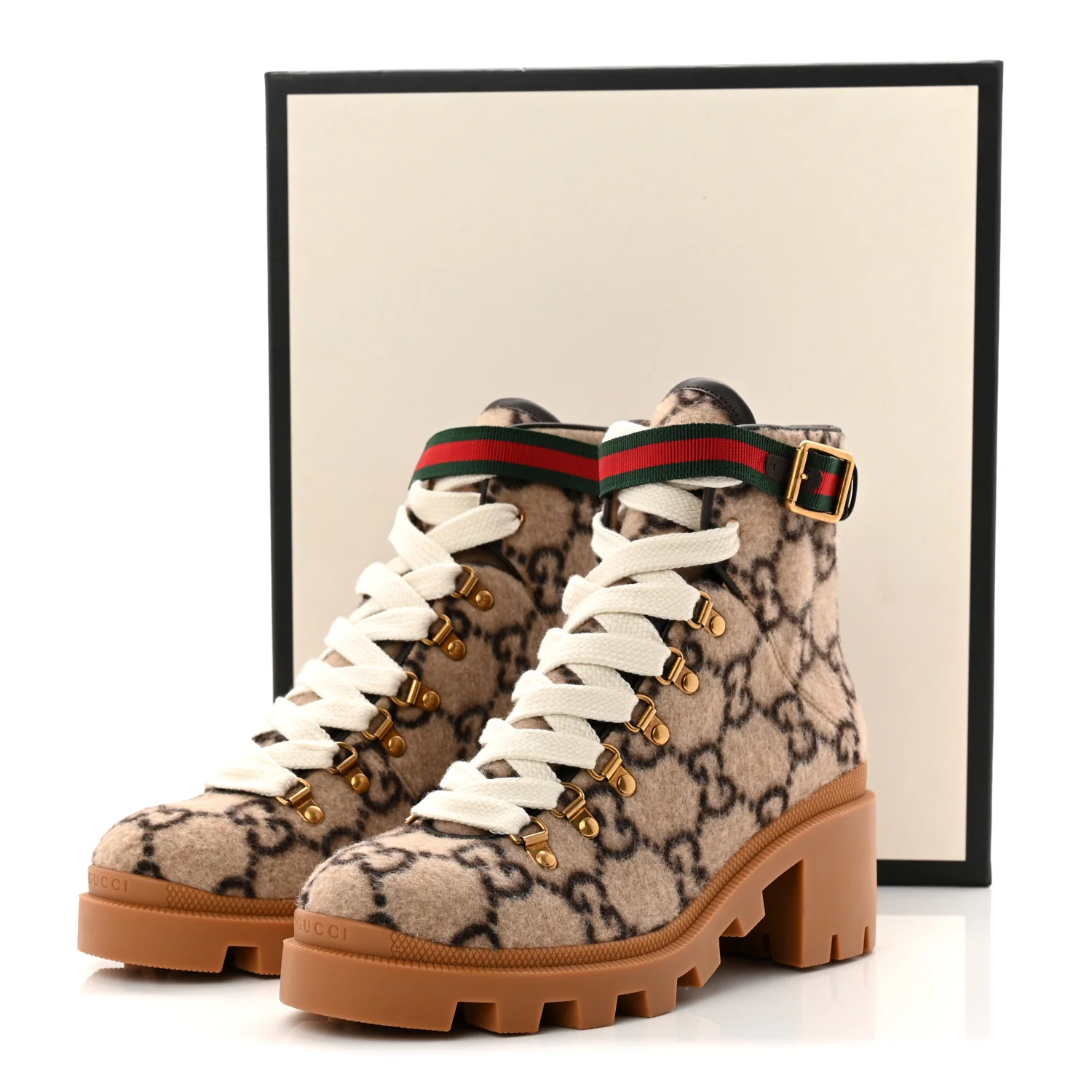 Covered Wool Big GG Monogram Womens Lace Up Combat Ankle Boots 39 Beige Ebony Cocoa - Image 10