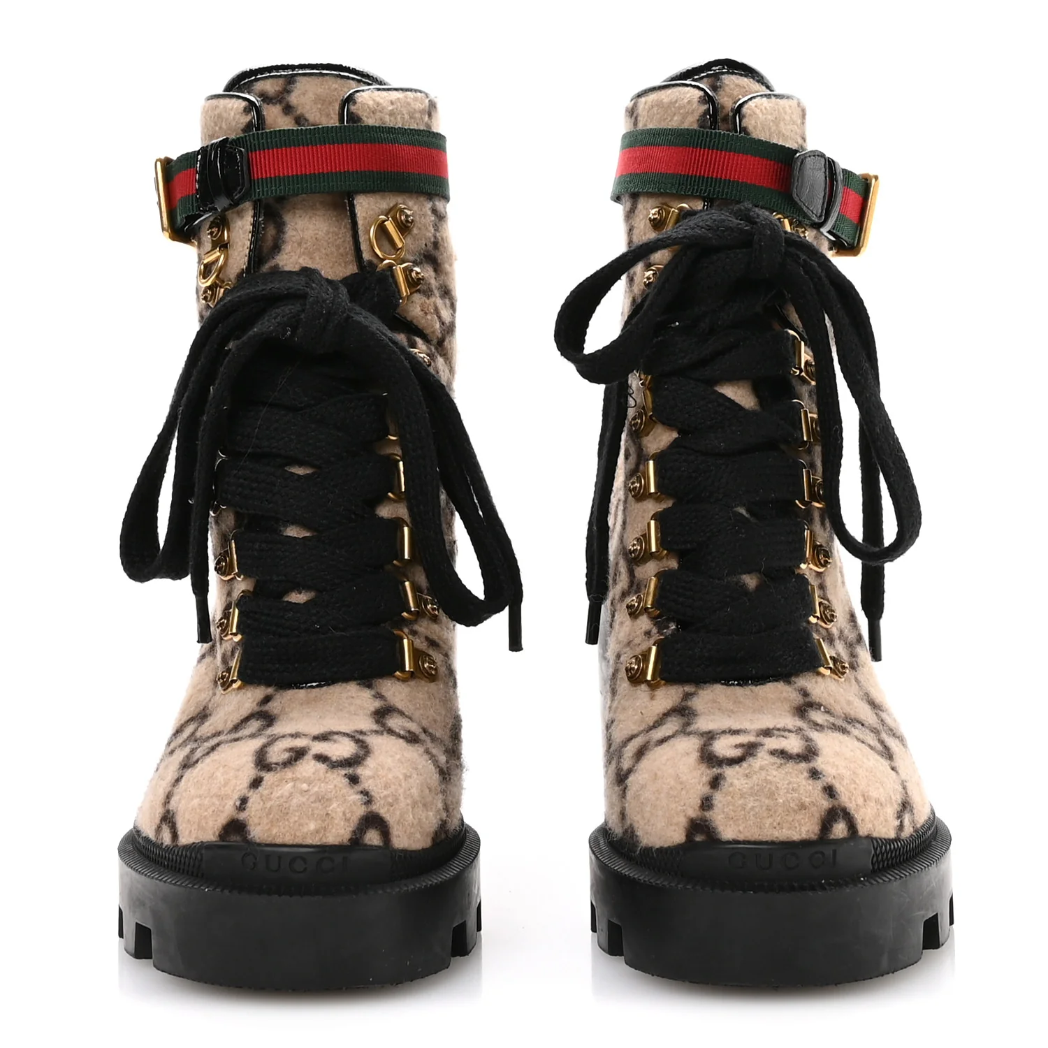 Covered Wool GG Monogram Womens Lace Up Combat Ankle Boots 35 Beige Ebony Black - Image 3