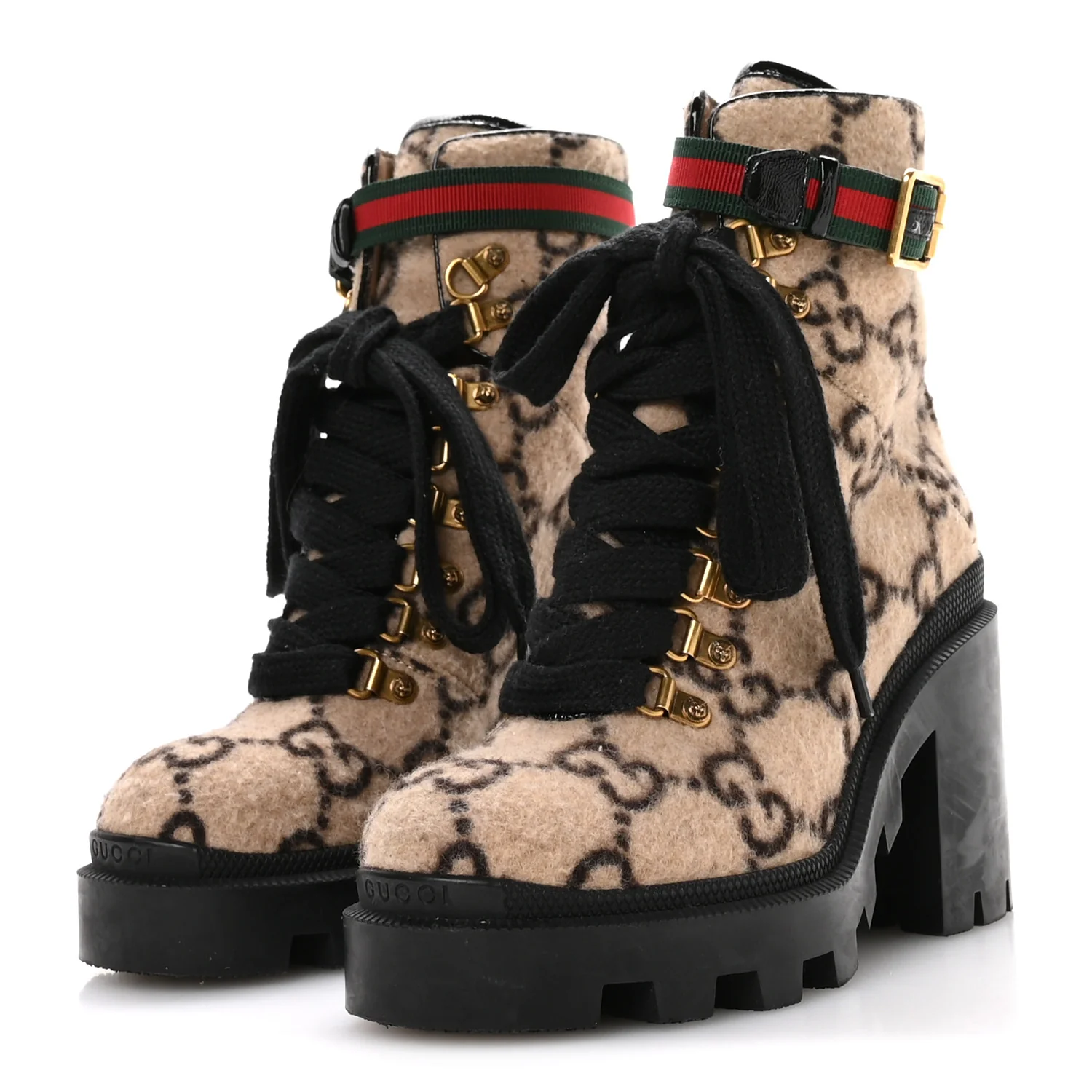 Covered Wool GG Monogram Womens Lace Up Combat Ankle Boots 35 Beige Ebony Black - Image 4