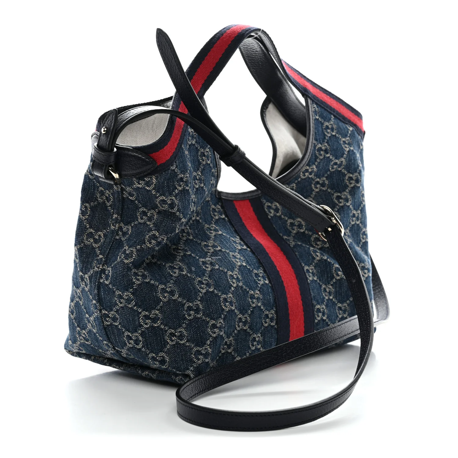 Denim GG Monogram Web Small Giglio Tote Blue White - Image 3