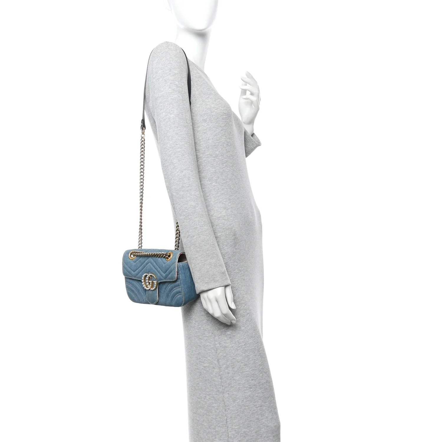 Denim Matelasse Mini Pearly GG Marmont Shoulder Bag Blue - Image 2