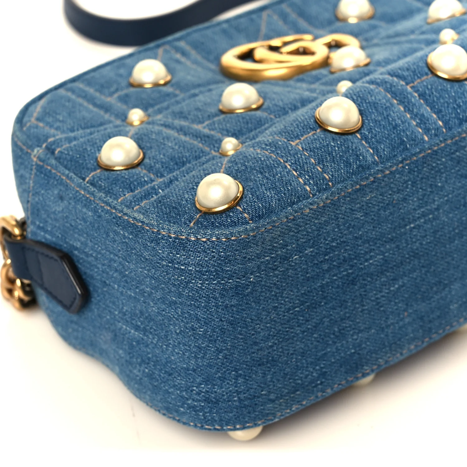 Denim Matelasse Pearl Studded Small GG Marmont Chain Shoulder Bag Blue - Image 10