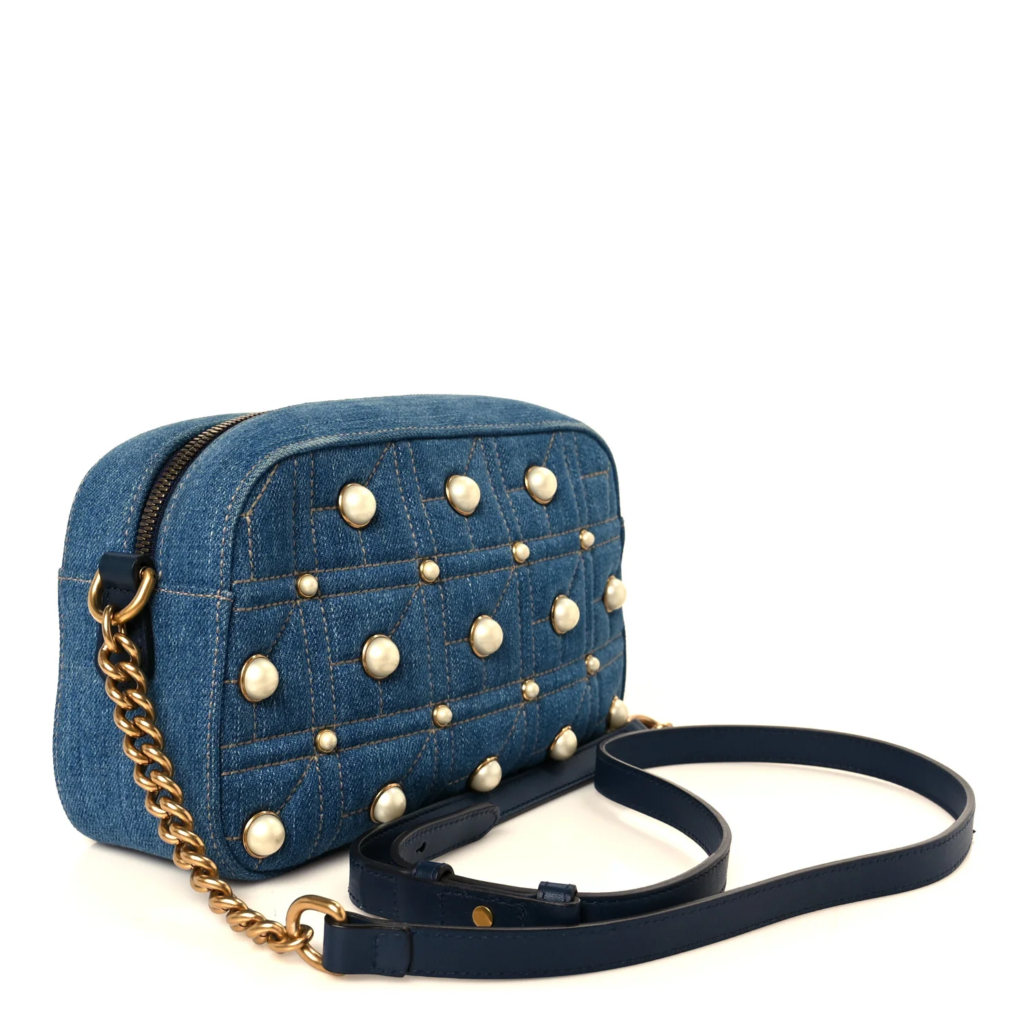 Denim Matelasse Pearl Studded Small GG Marmont Chain Shoulder Bag Blue - Image 3