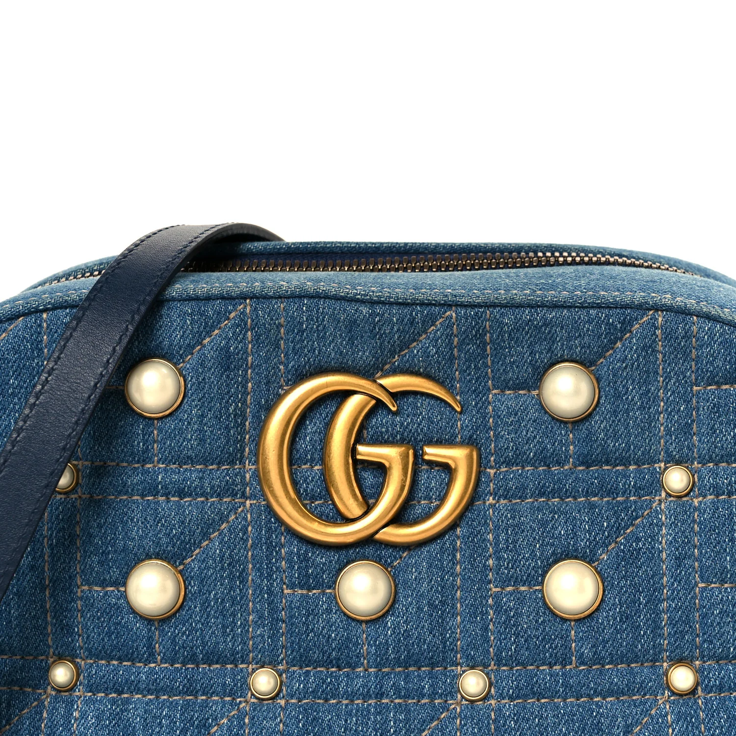 Denim Matelasse Pearl Studded Small GG Marmont Chain Shoulder Bag Blue - Image 9