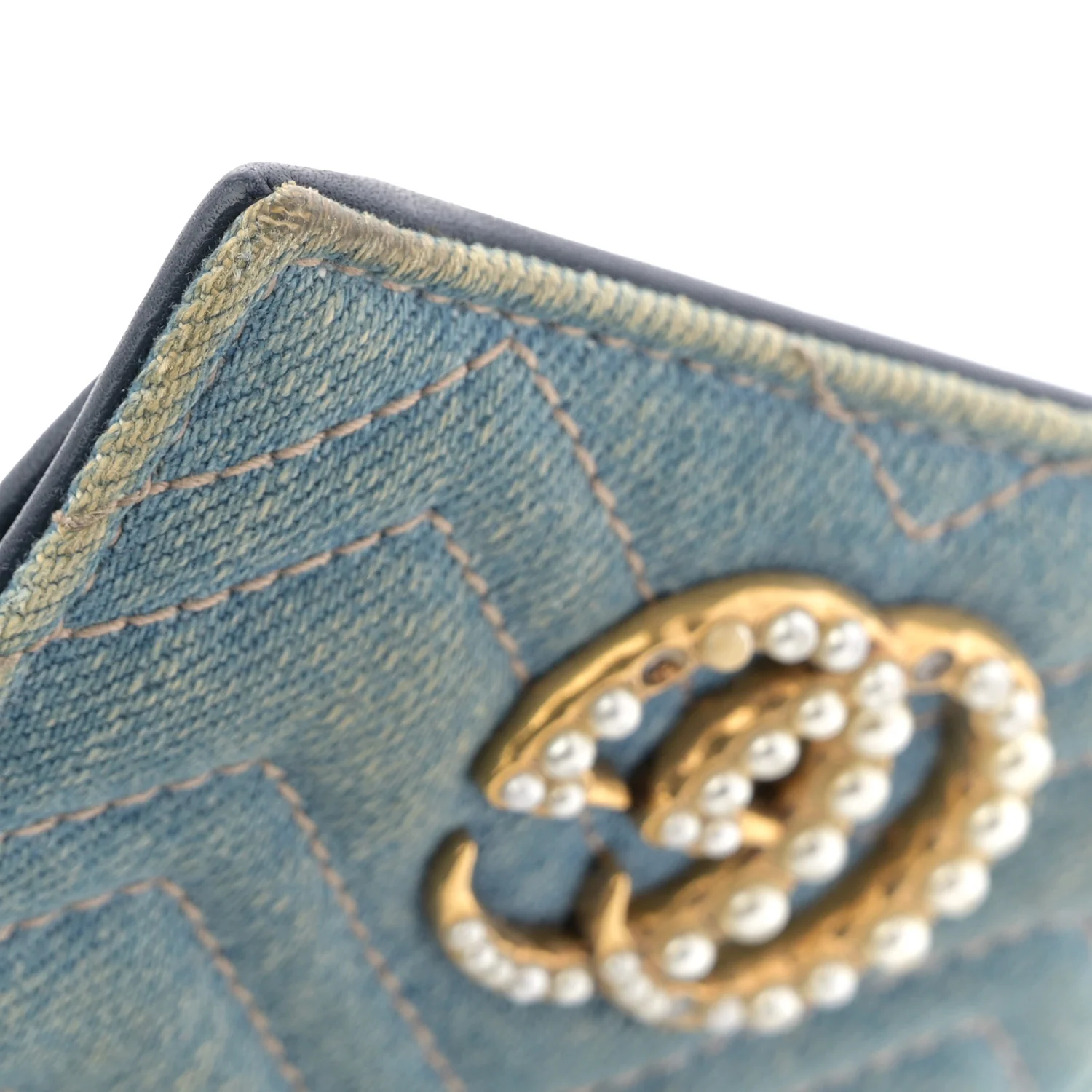 Denim Matelasse Pearly GG Marmont Card Case Wallet Blue - Image 9