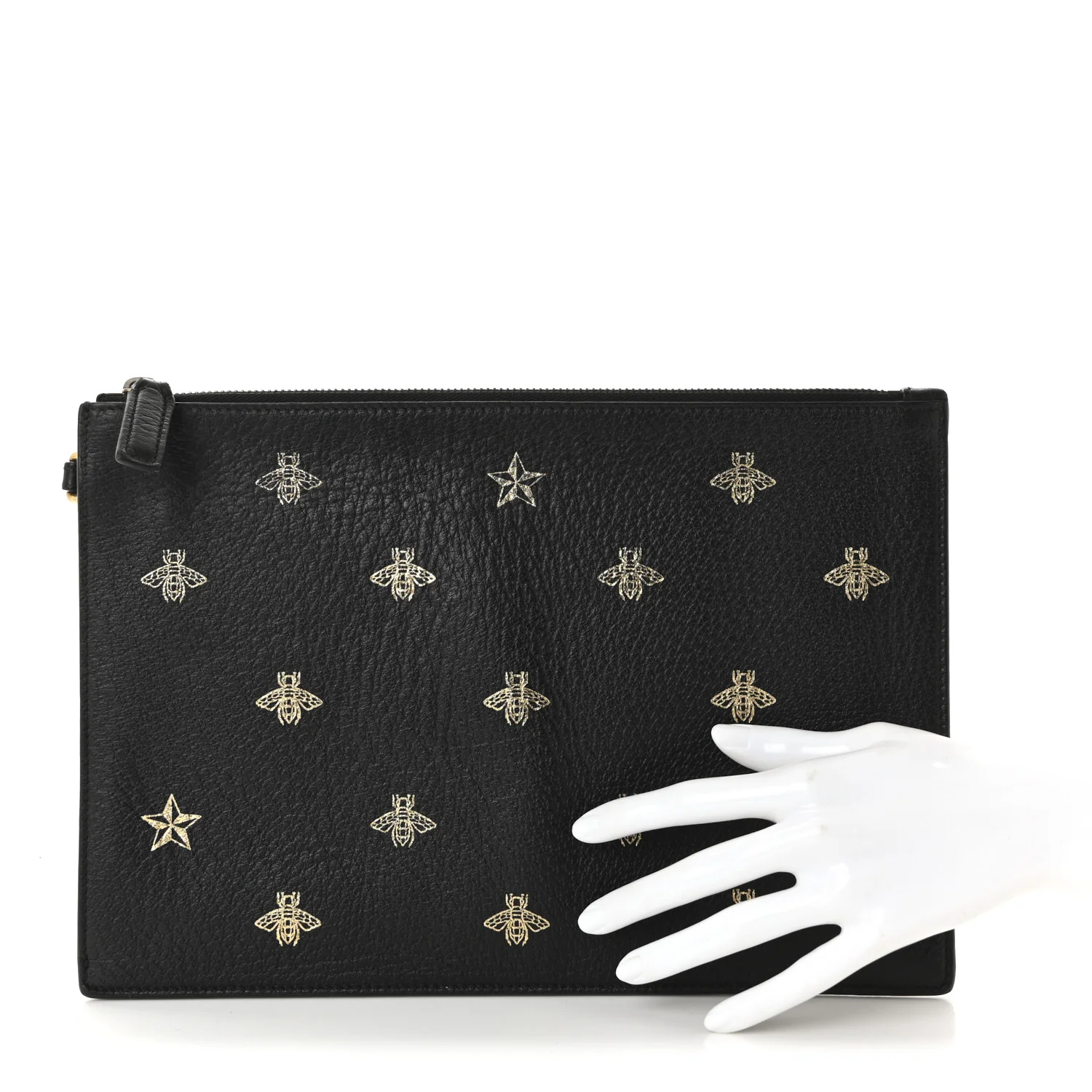 Dollar Calfskin Boar Effect Bee Star Zip Wristlet Pouch Black - Image 2