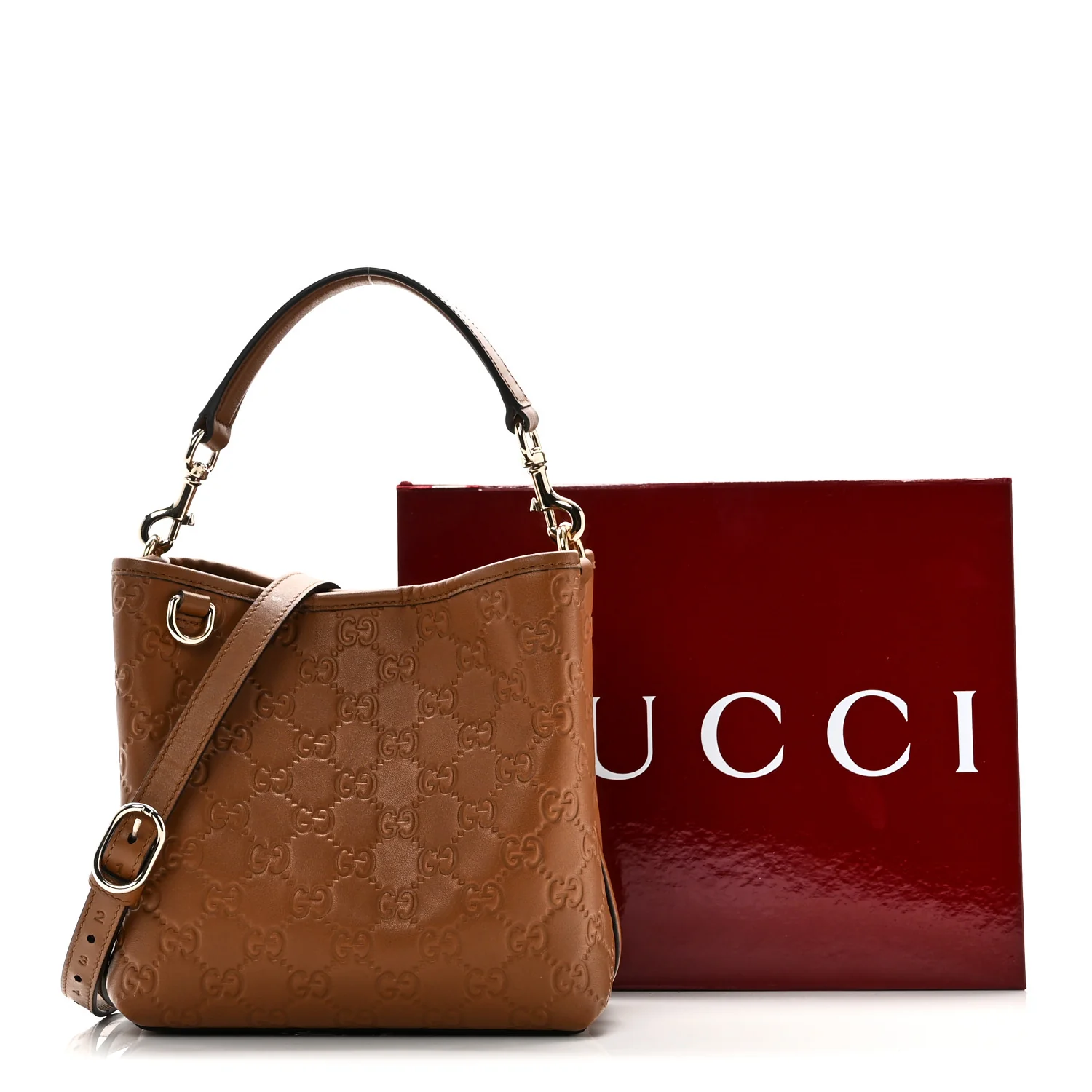 GG Calfskin Embossed Emblem Small Bucket Bag Brown - Image 10