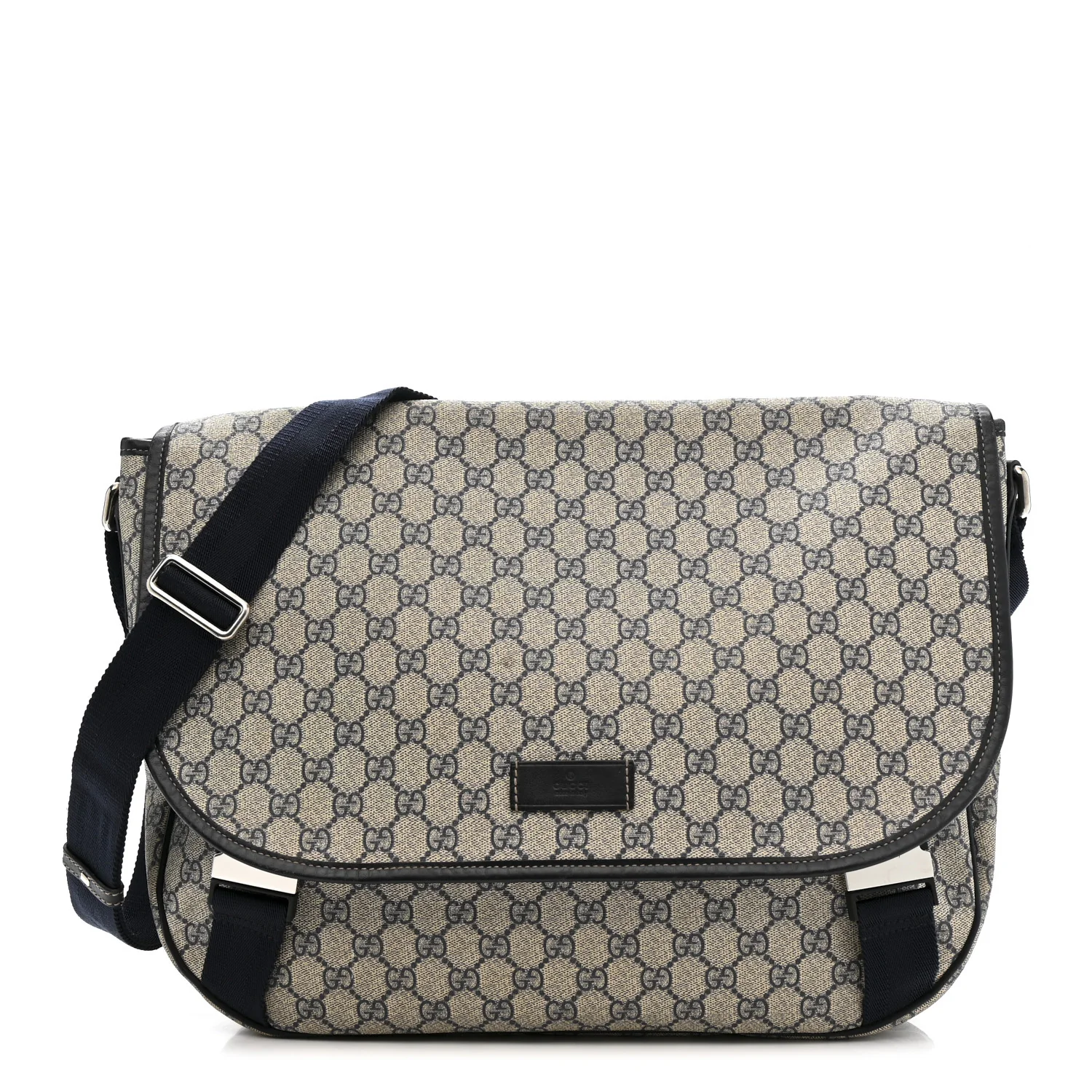 GG Plus Monogram Large Double Buckle Flap Messenger Bag Beige Navy