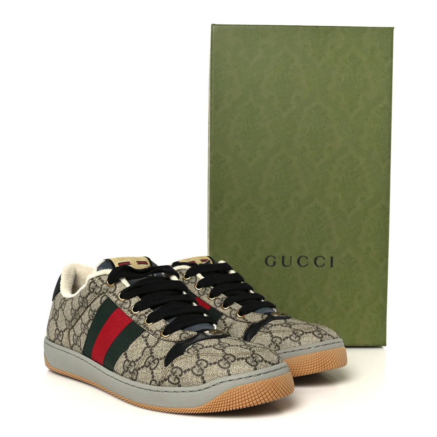 GG Supereme Monogram Miro Soft Calfskin Web Mens Screener Sneakers 8.5 8.5 Beige Ebony Black New Platinum - Image 11