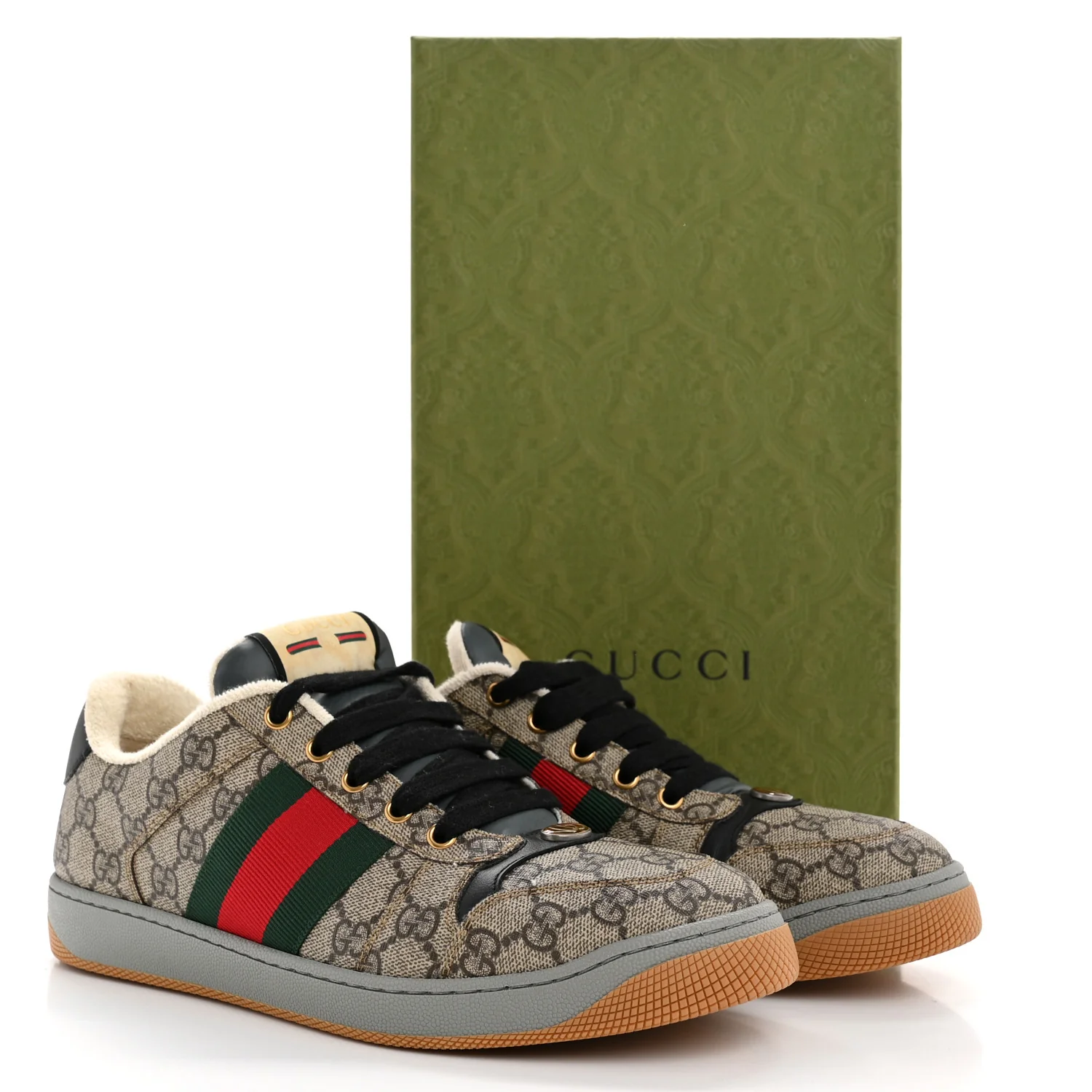 GG Supereme Monogram Miro Soft Calfskin Web Mens Screener Sneakers 8.5 Beige Ebony Black New Platinum - Image 10