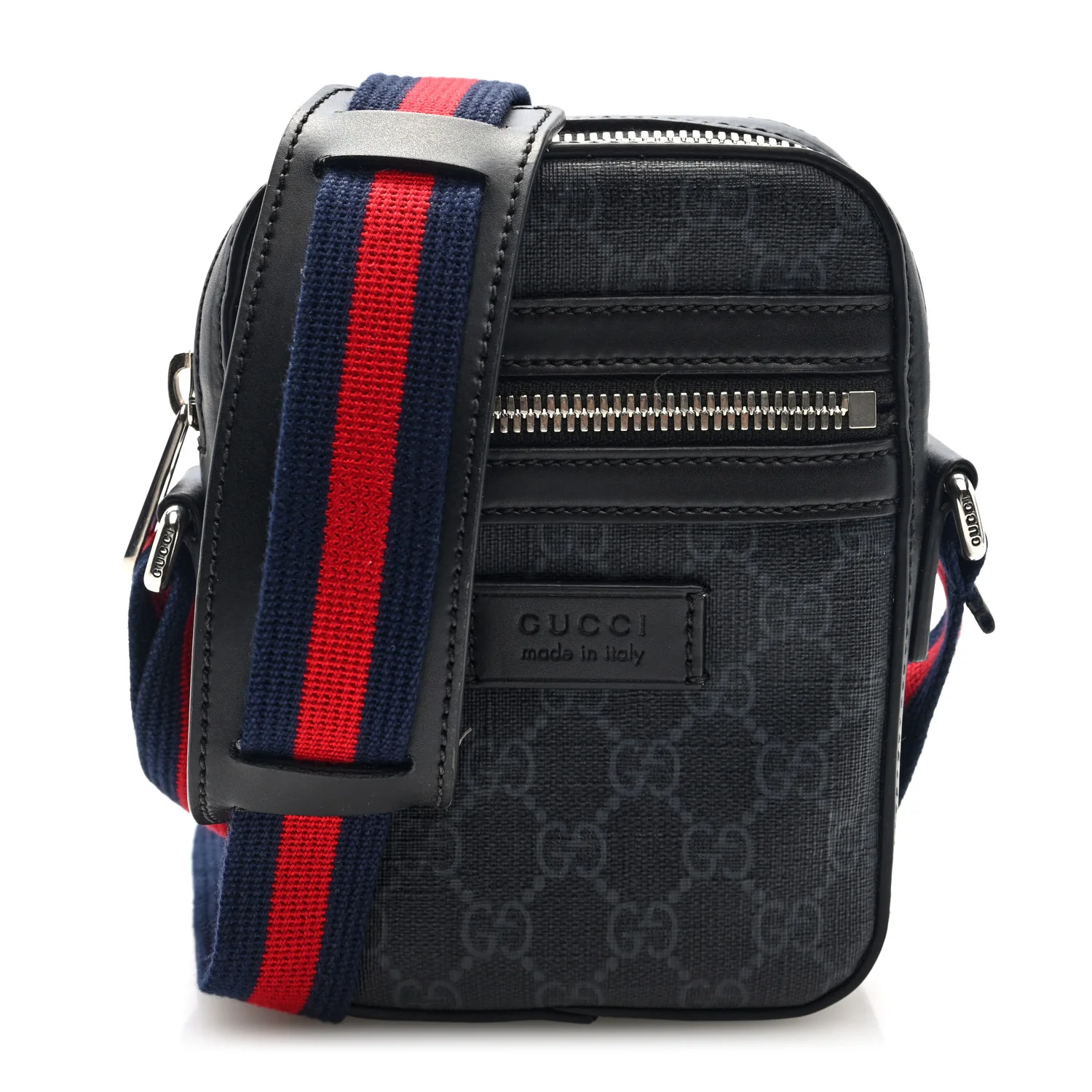 GG Supreme Monogram Appia Calfskin Web Small Camera Messenger Bag Black Grey