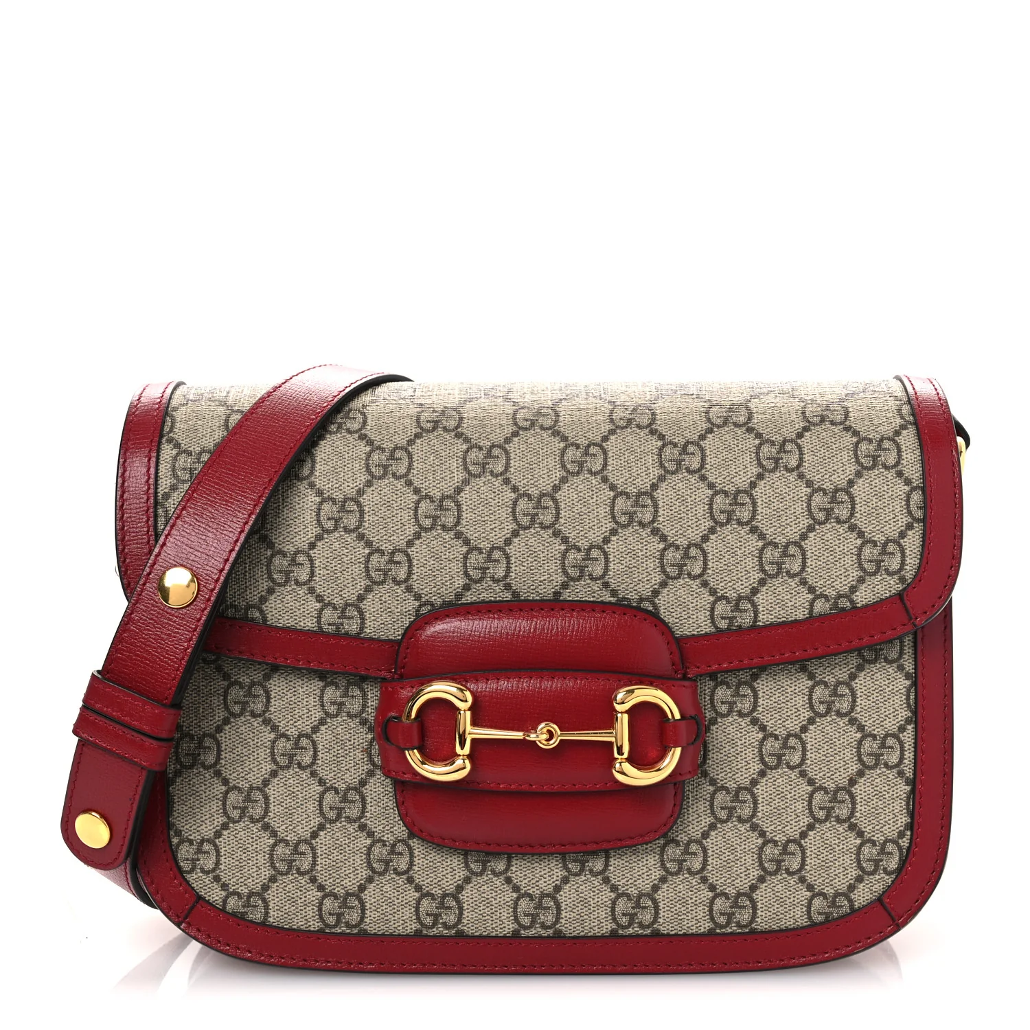 GG Supreme Monogram Azalea Calfskin Horsebit 1955 Shoulder Bag Beige Ebony New Cherry Red