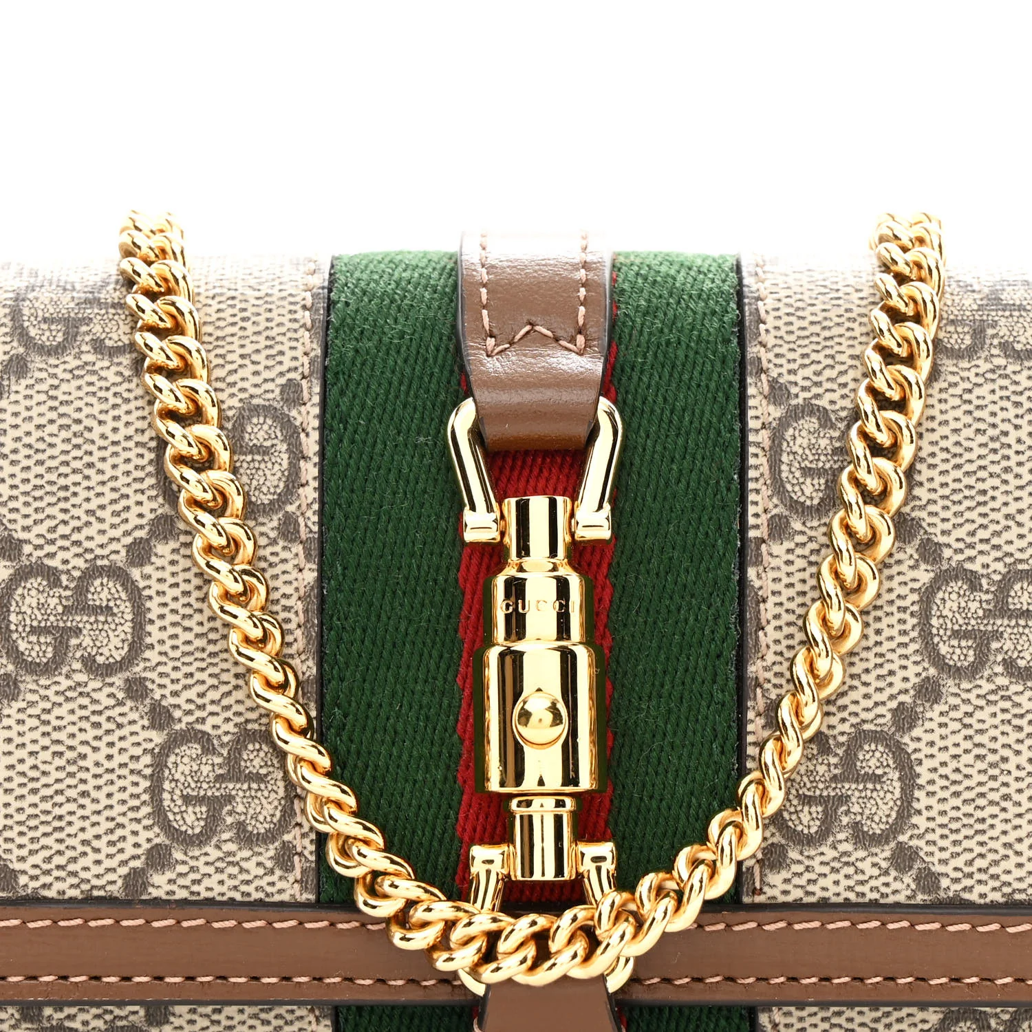 GG Supreme Monogram Azalea Calfskin Web Jackie 1961 Chain Wallet Beige Ebony Brown Sugar - Image 9