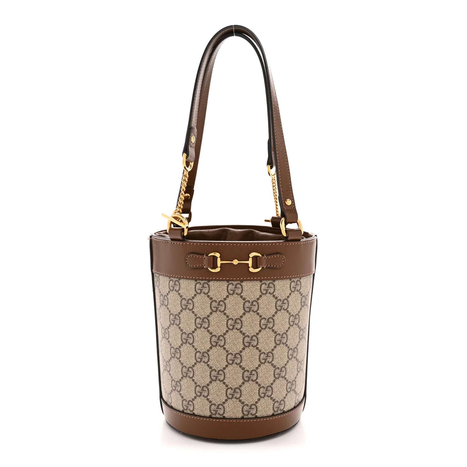 GG Supreme Monogram Azalea Sakai Calfskin Small Horsebit 1955 Drawstring Bucket Bag Beige Ebony Brown Sugar