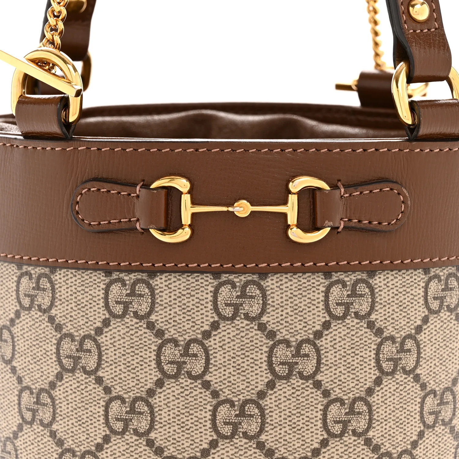 GG Supreme Monogram Azalea Sakai Calfskin Small Horsebit 1955 Drawstring Bucket Bag Beige Ebony Brown Sugar - Image 8