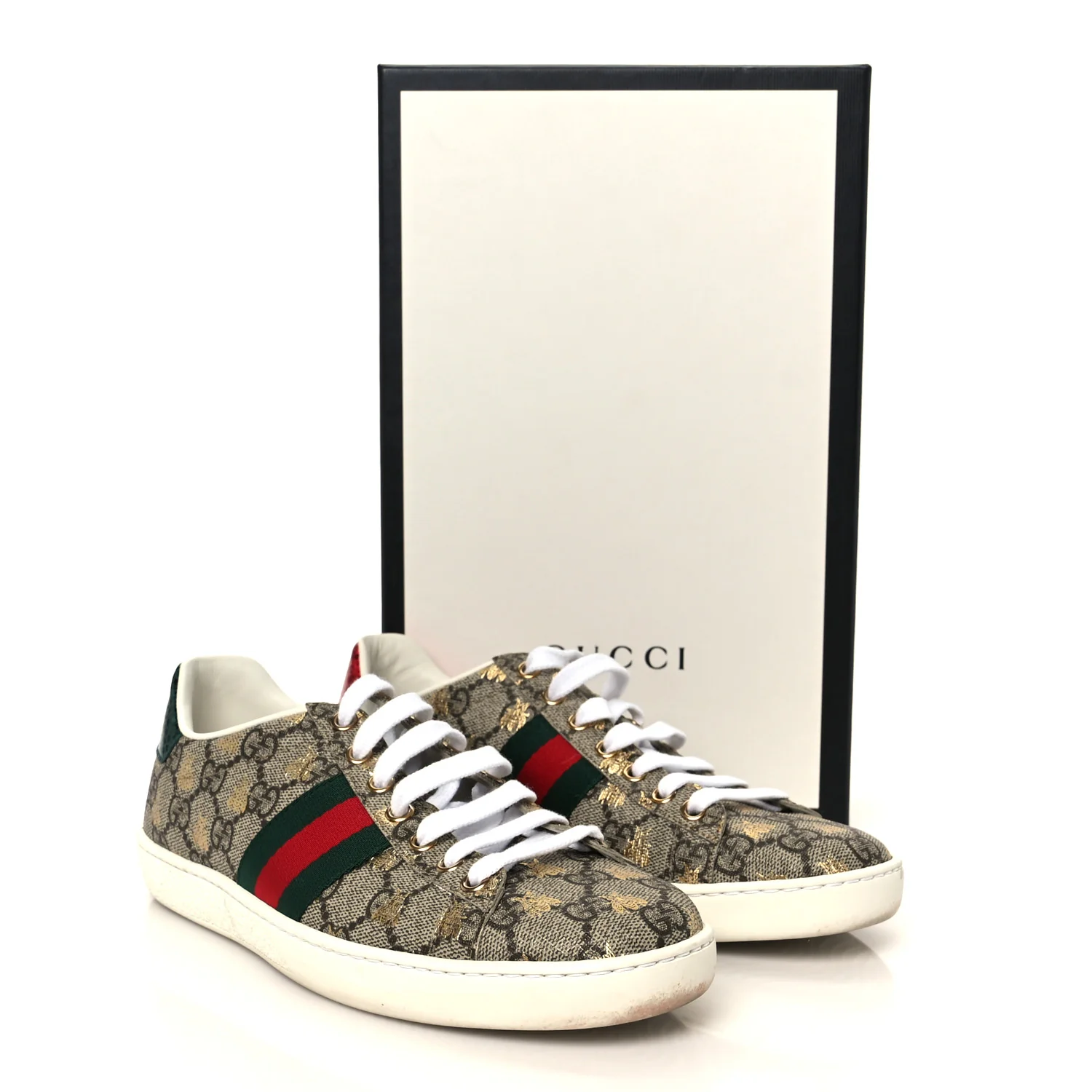 GG Supreme Monogram Bees Ayers Web Womens Ace Sneakers 37 Beige Oro Green Red - Image 12