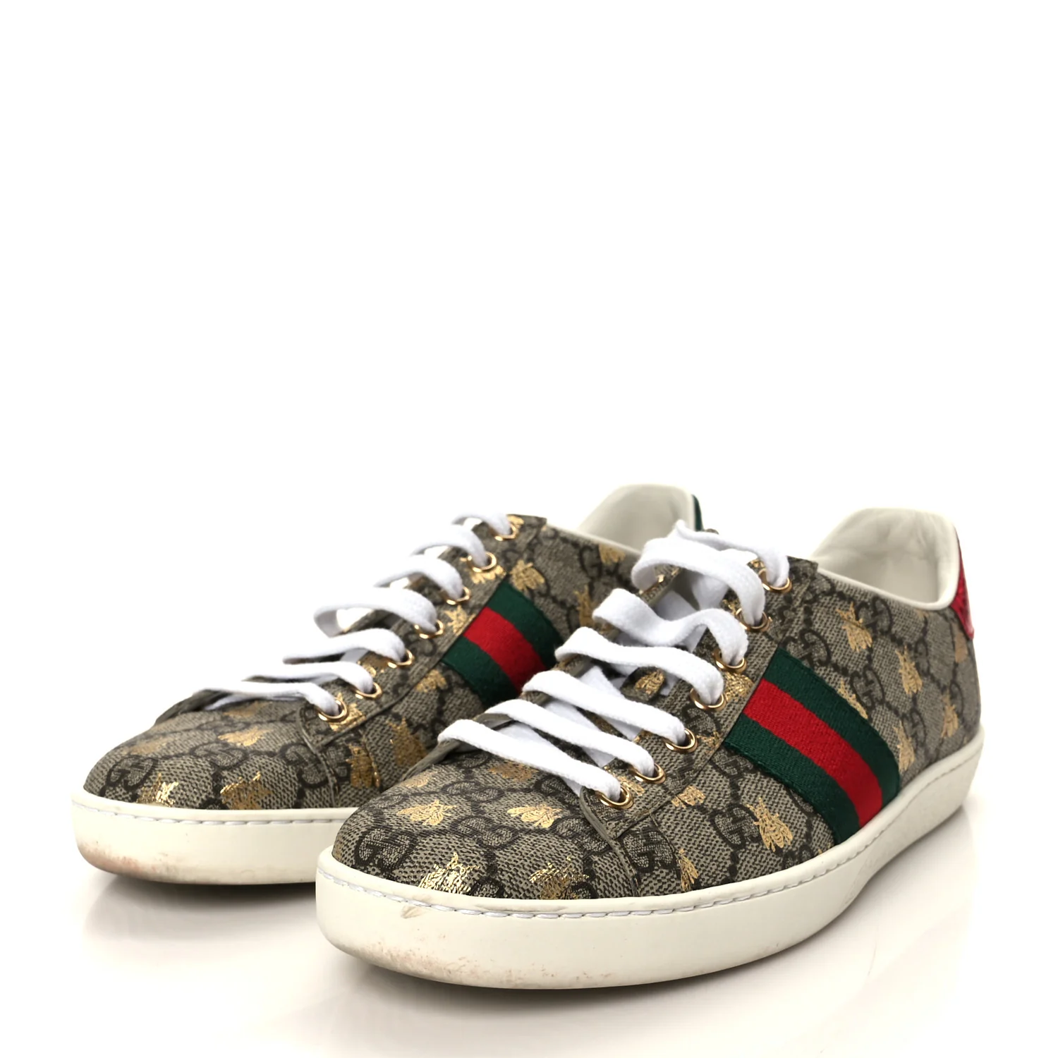 GG Supreme Monogram Bees Ayers Web Womens Ace Sneakers 37 Beige Oro Green Red - Image 4