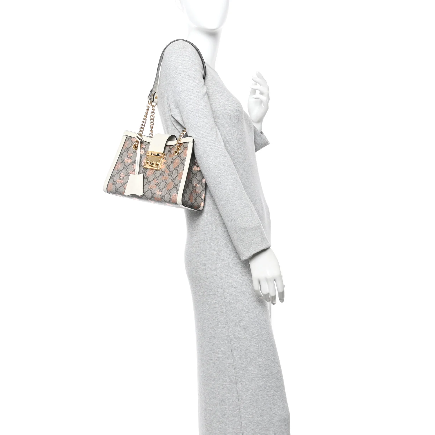 GG Supreme Monogram Berry Textured Dollar Calfskin Small Padlock Tote Beige Ebony Light Copper Mystic White - Image 2