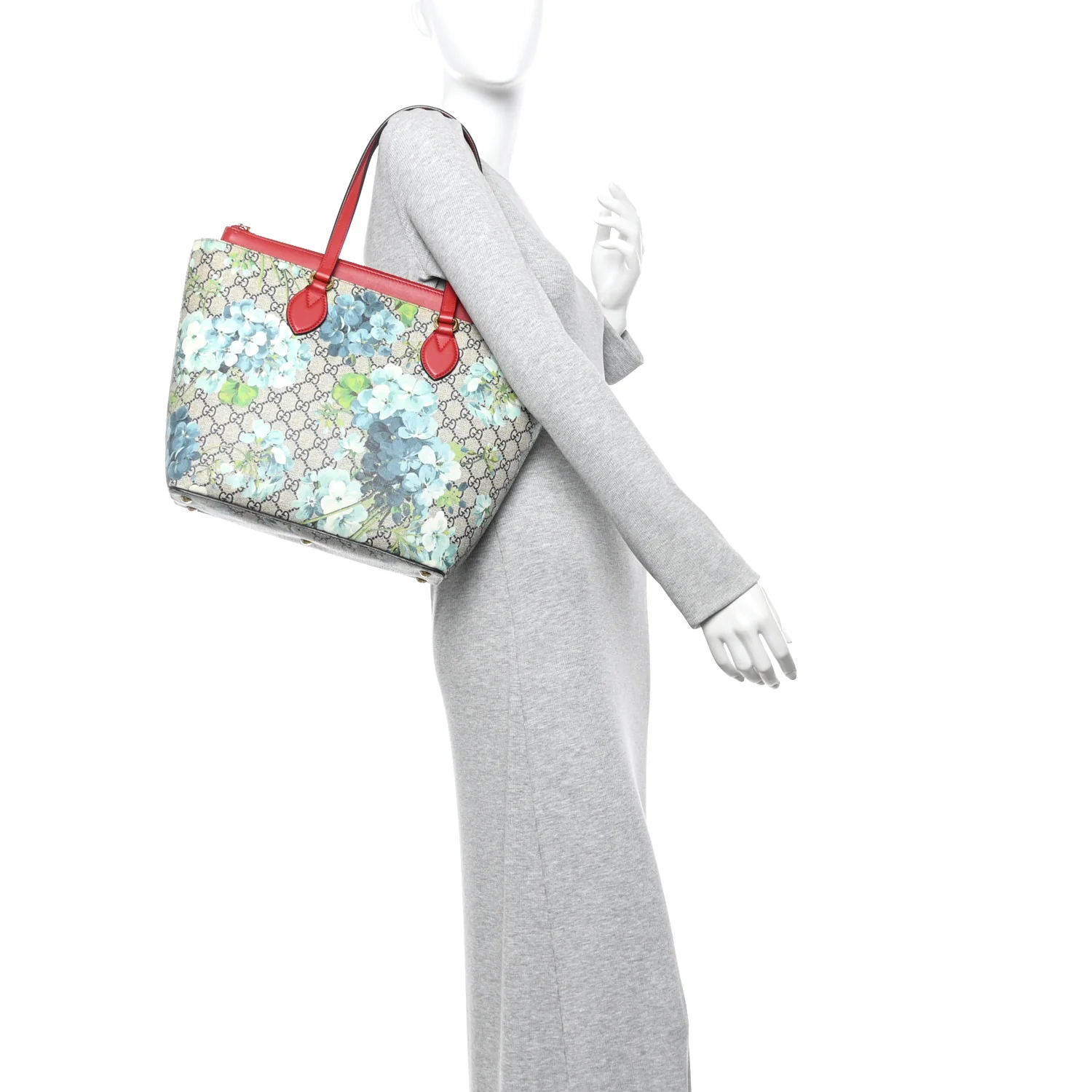 GG Supreme Monogram Blooms Medium Zippered Bucket Tote Beige Blue Navy Hibiscus Red - Image 2
