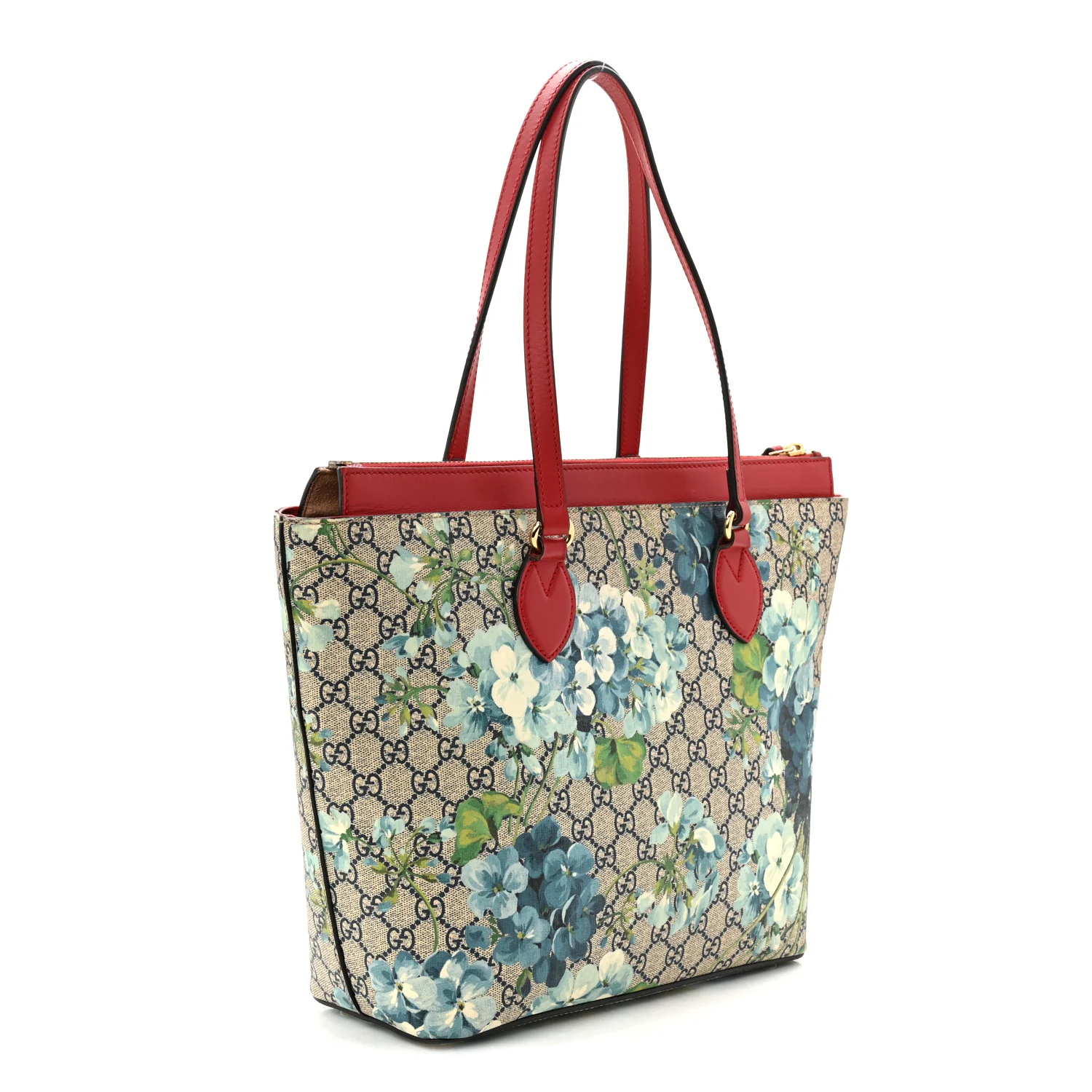 GG Supreme Monogram Blooms Medium Zippered Bucket Tote Beige Blue Navy Hibiscus Red - Image 3