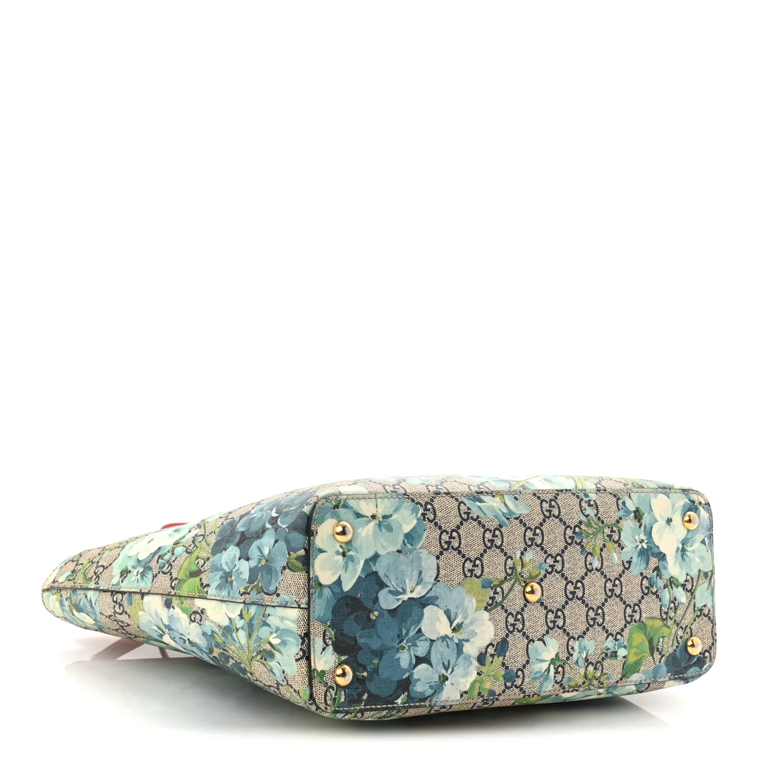 GG Supreme Monogram Blooms Medium Zippered Bucket Tote Beige Blue Navy Hibiscus Red - Image 4