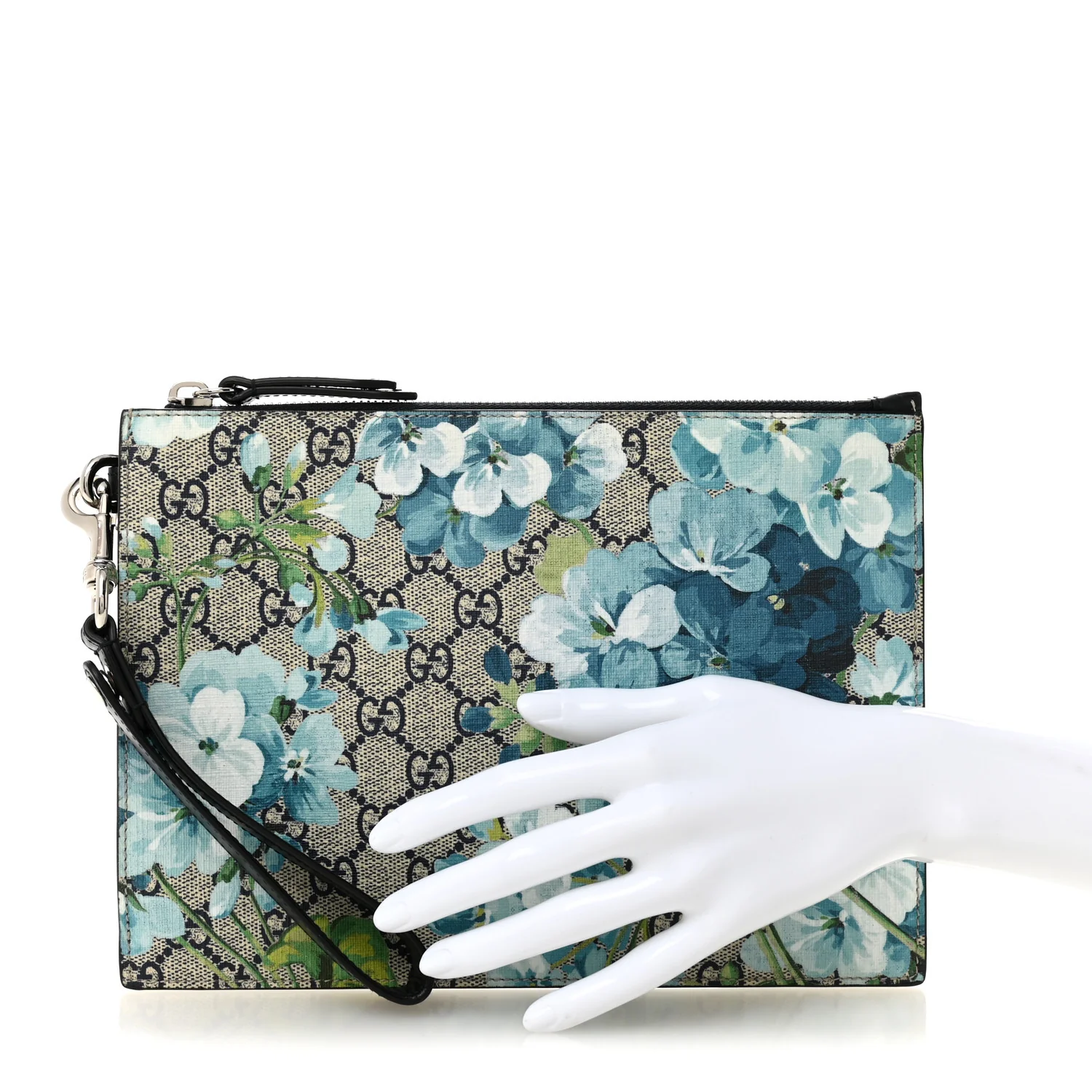 GG Supreme Monogram Blooms Small Zip Wristlet Pouch Beige Blue Black - Image 2
