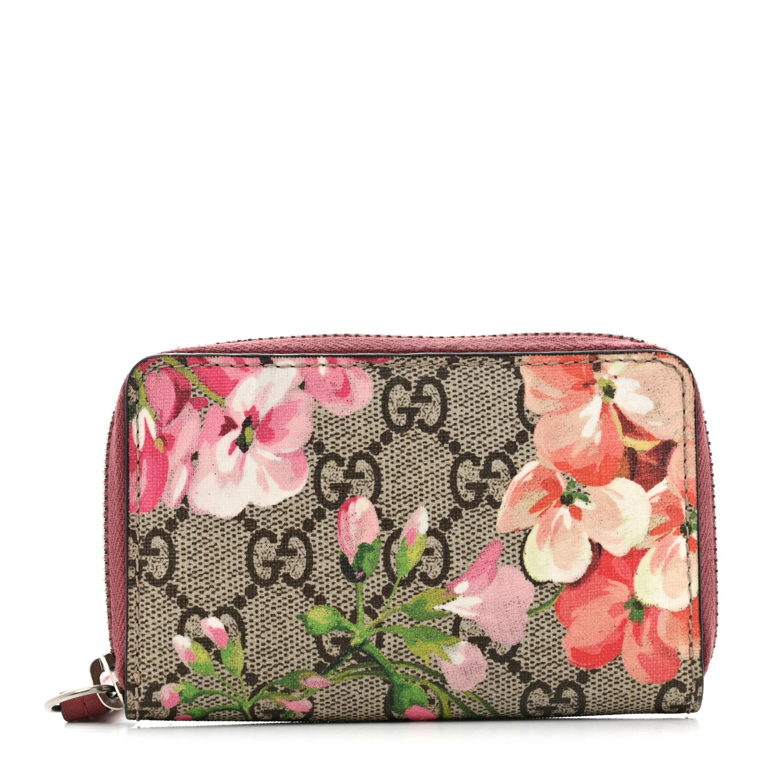 GG Supreme Monogram Blooms Zip Around Card Case Wallet Beige Multicolor Dry Rose