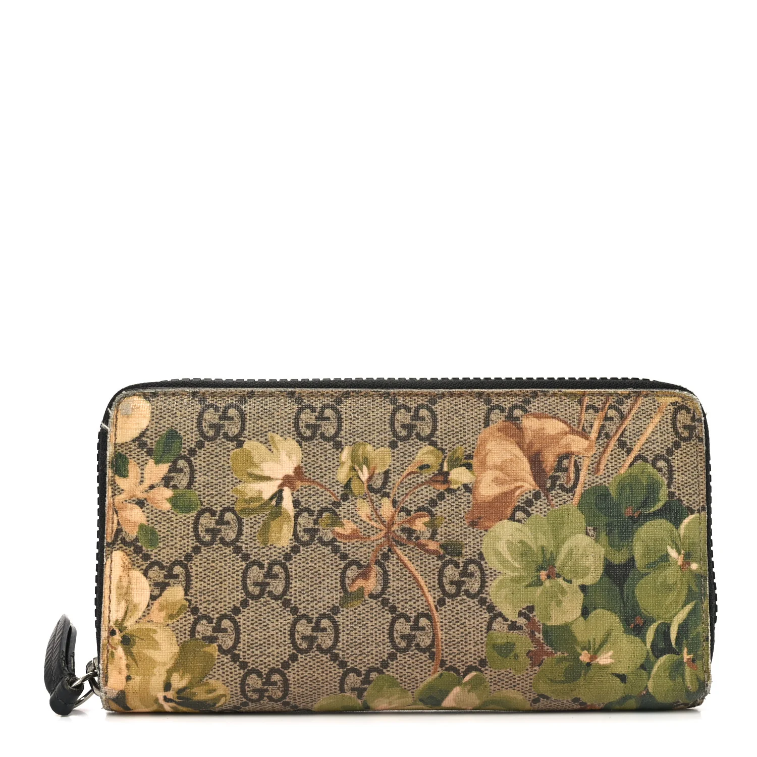 GG Supreme Monogram Blooms Zip Around Wallet Beige New Military Black