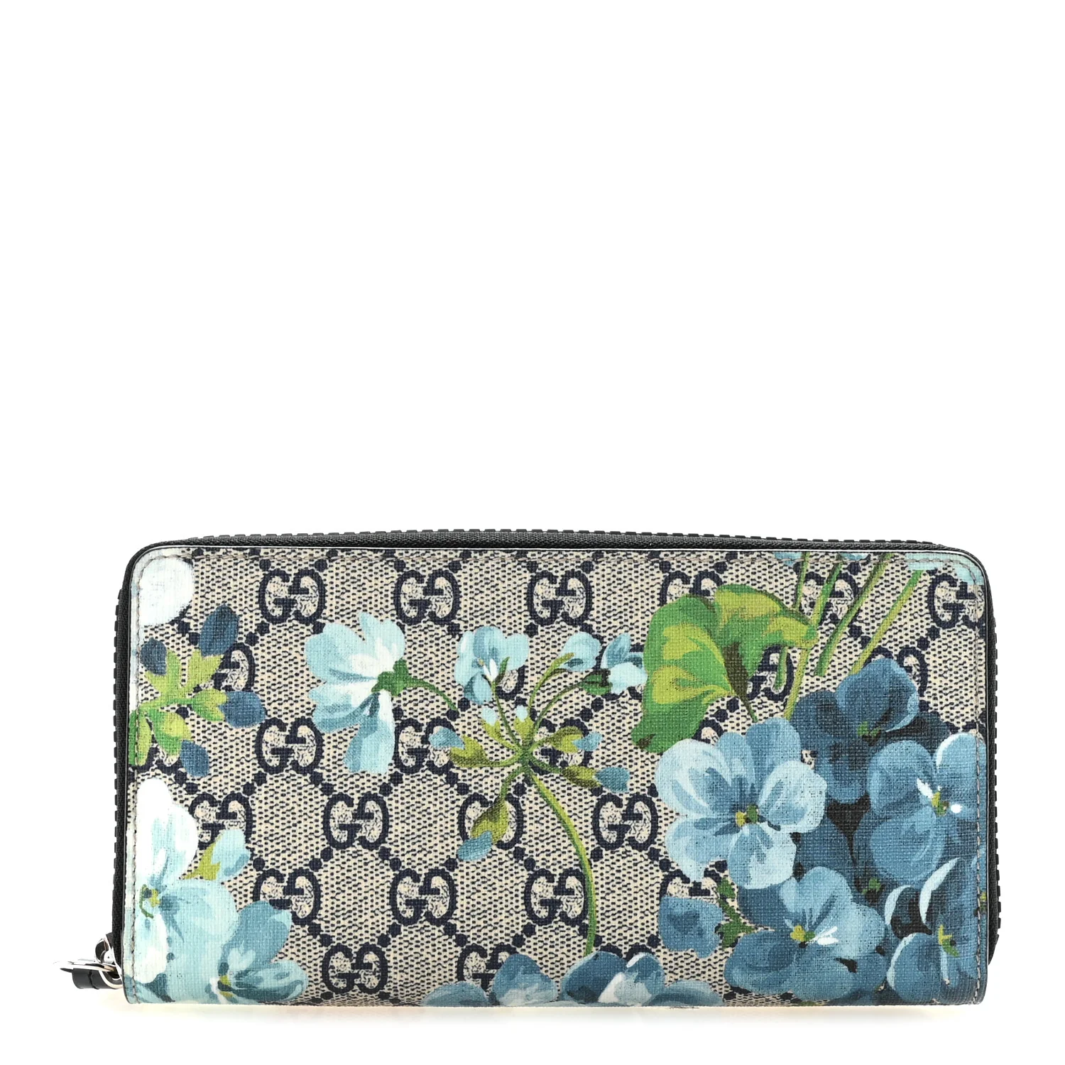GG Supreme Monogram Blooms Zip Around Wallet Blue