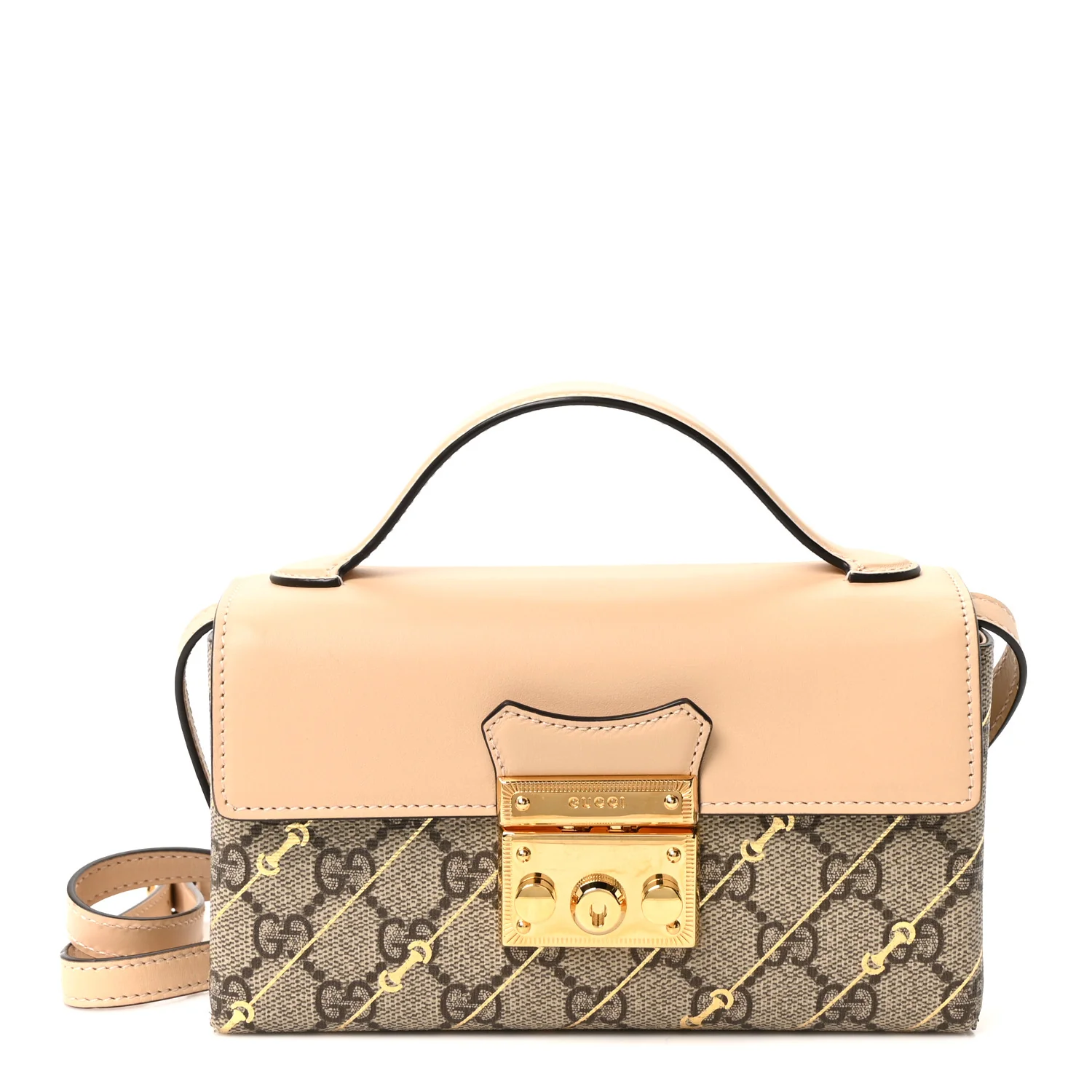 GG Supreme Monogram Calfskin Horsebit Print Mini Padlock Top Handle Shoulder Bag Beige Ebony Light Pink
