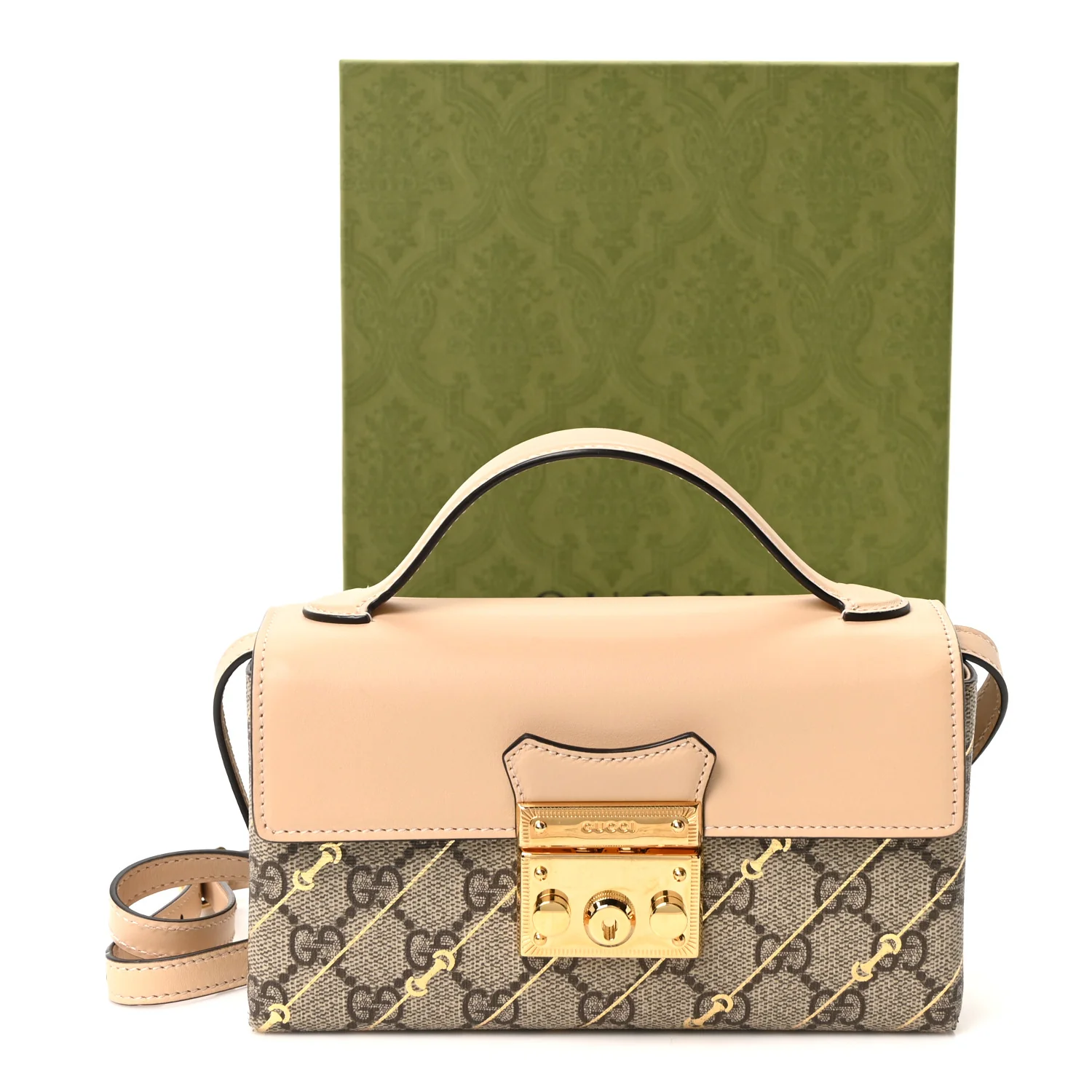GG Supreme Monogram Calfskin Horsebit Print Mini Padlock Top Handle Shoulder Bag Beige Ebony Light Pink - Image 10