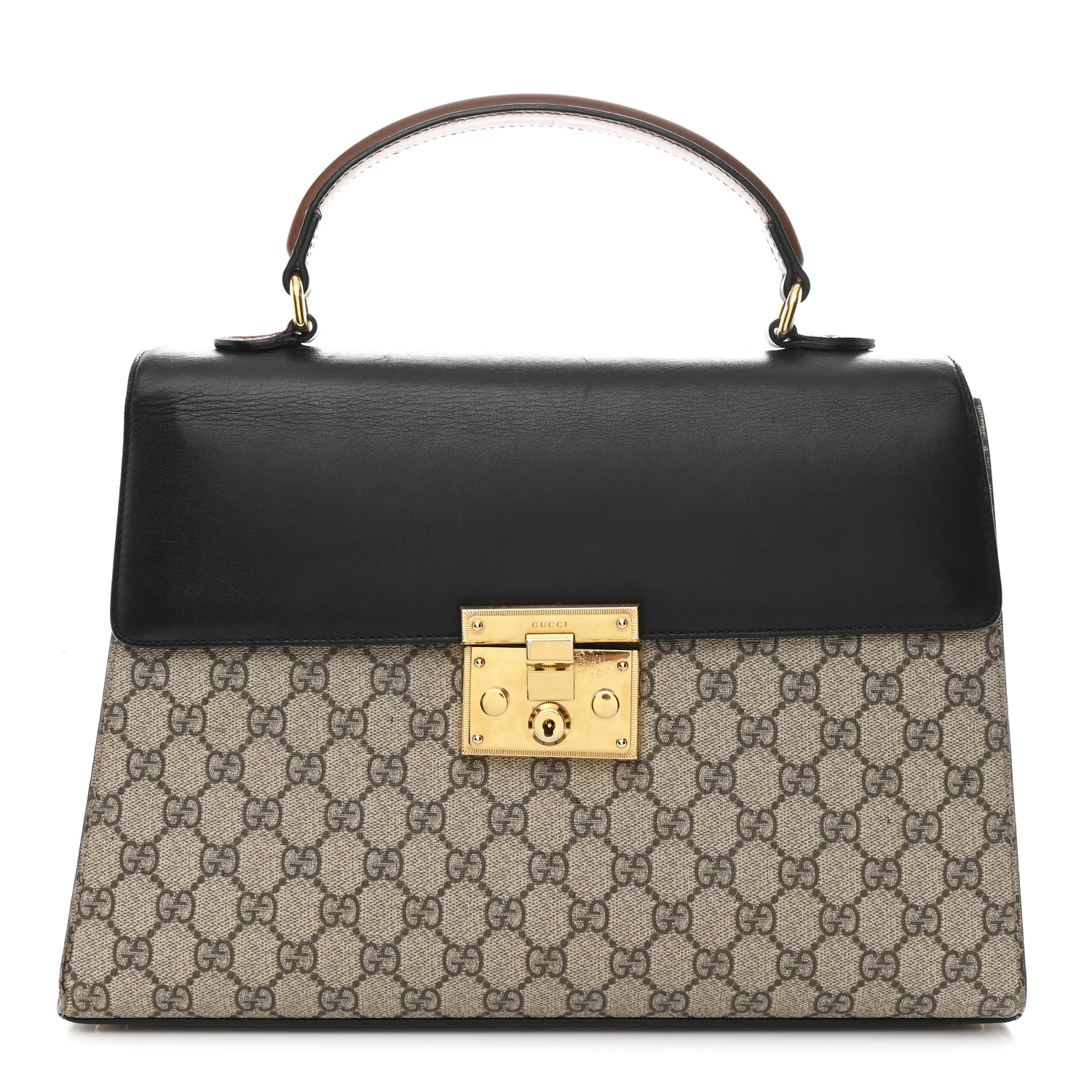 GG Supreme Monogram Calfskin Medium Padlock Top Handle Bag Beige Black Cuir