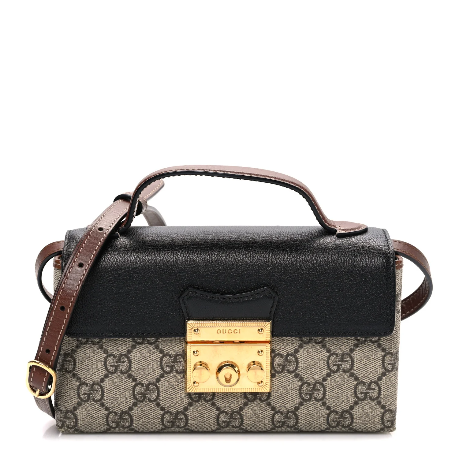 GG Supreme Monogram Calfskin Mini Padlock Top Handle Shoulder Bag Beige Black Cuir
