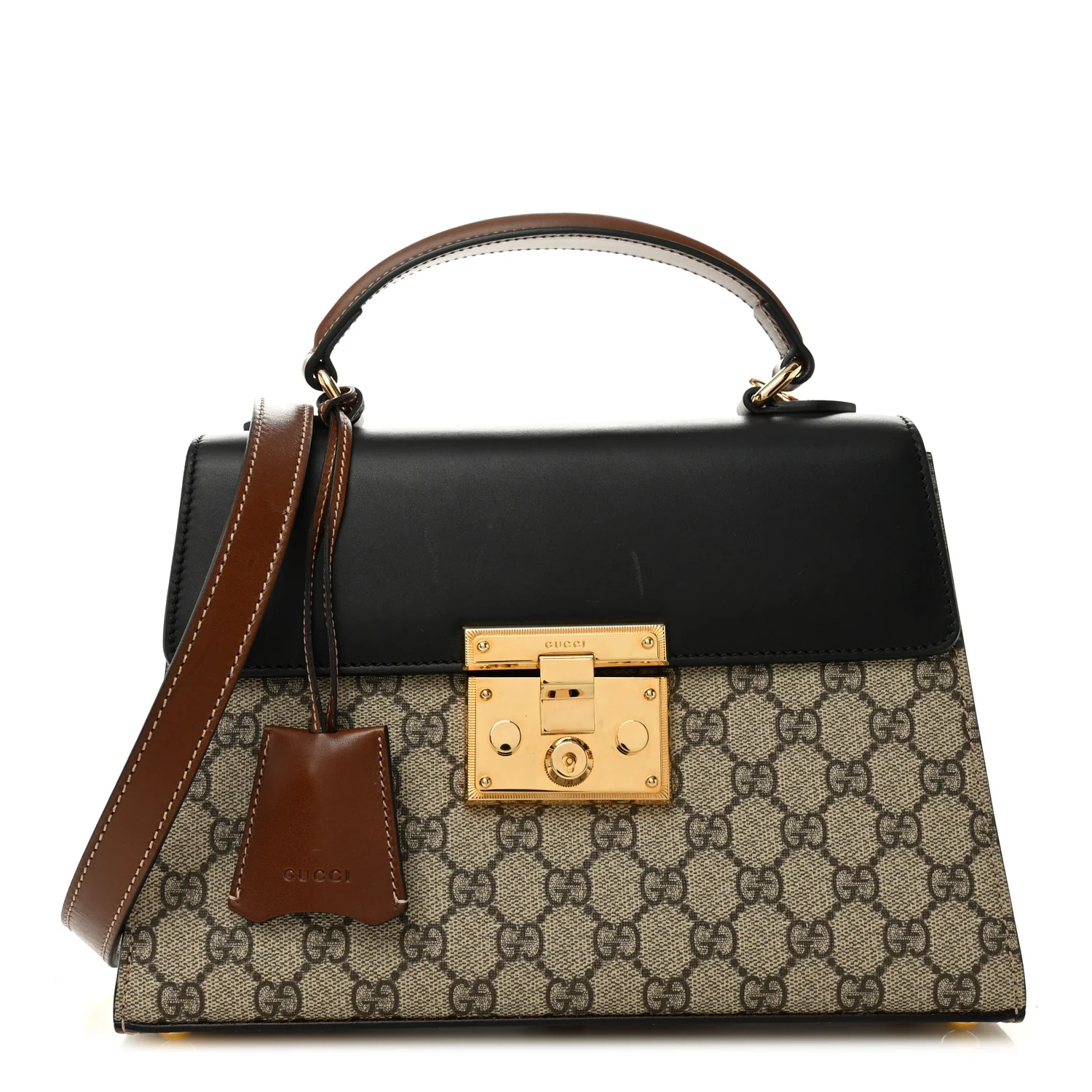 GG Supreme Monogram Calfskin Small Padlock Top Handle Bag Beige Black Cuir