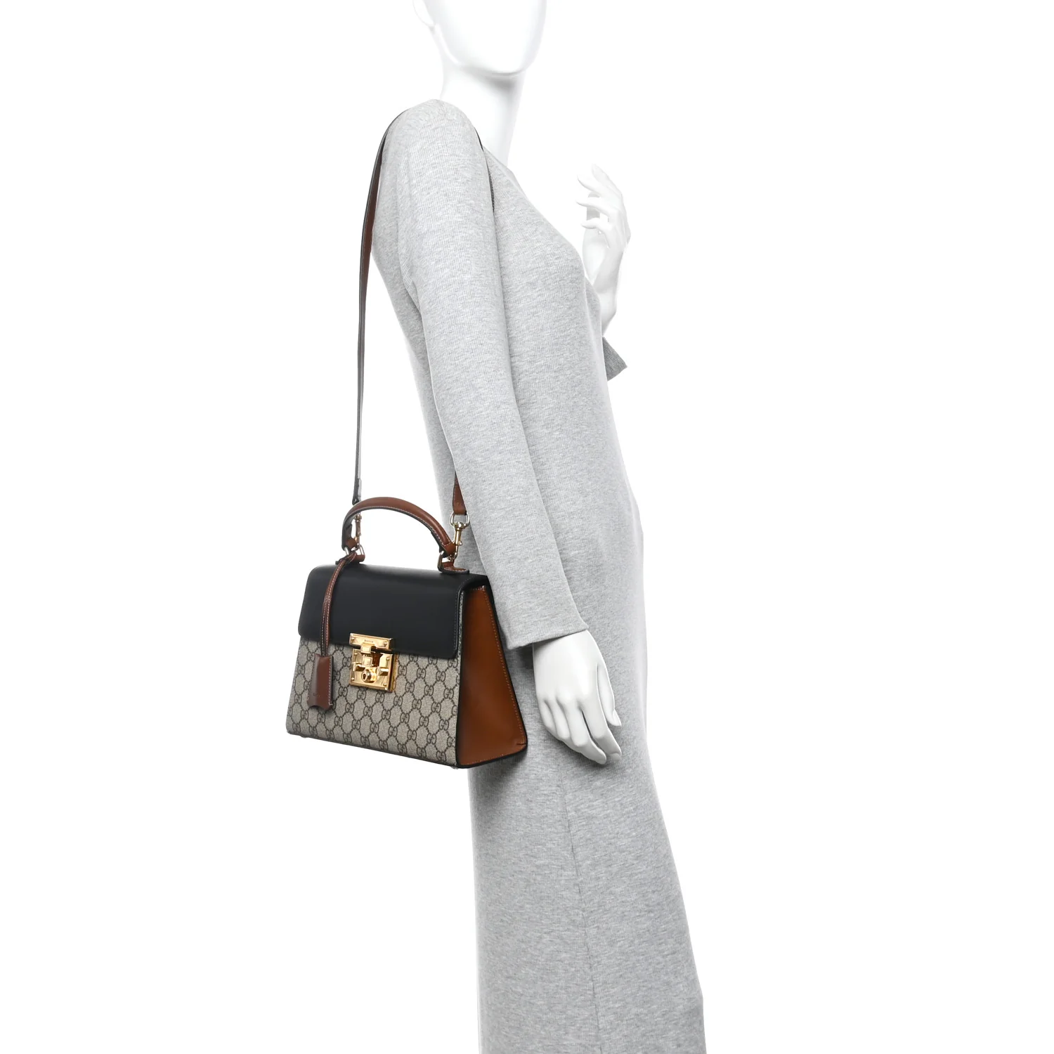 GG Supreme Monogram Calfskin Small Padlock Top Handle Bag Beige Black Cuir - Image 2
