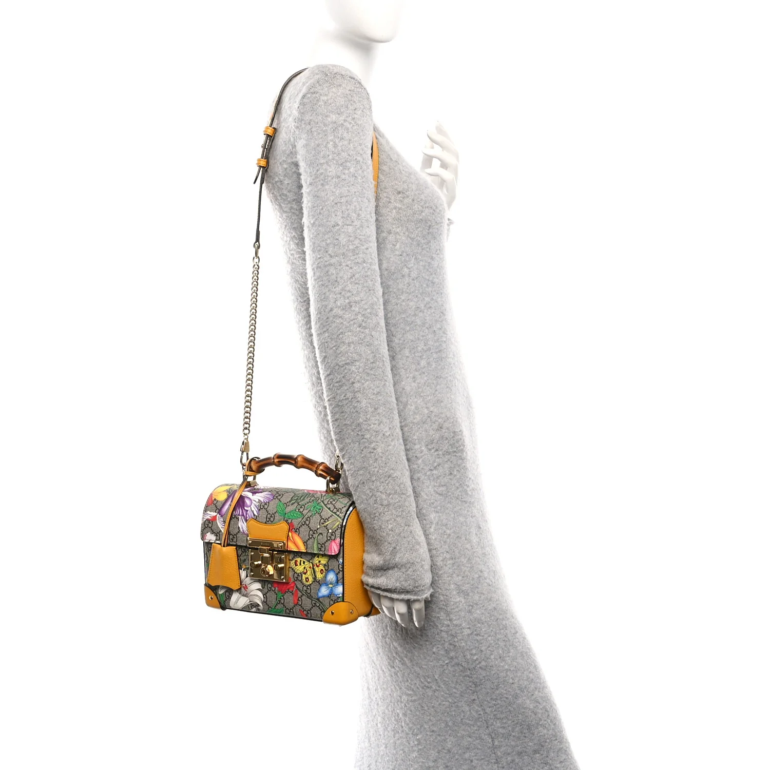 GG Supreme Monogram Flora Small Padlock Bamboo Shoulder Bag Beige Multicolor Crop - Image 2