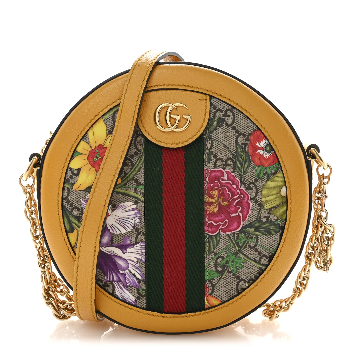 GG Supreme Monogram Flora Web Mini Ophidia Round Shoulder Bag Beige Multicolor Crop