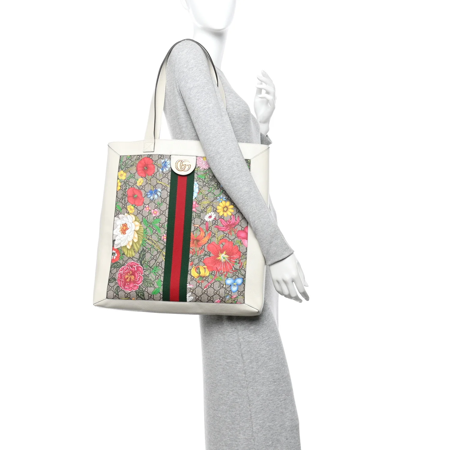 GG Supreme Monogram Flora Web Ophidia Vertical Shopping Tote White - Image 2