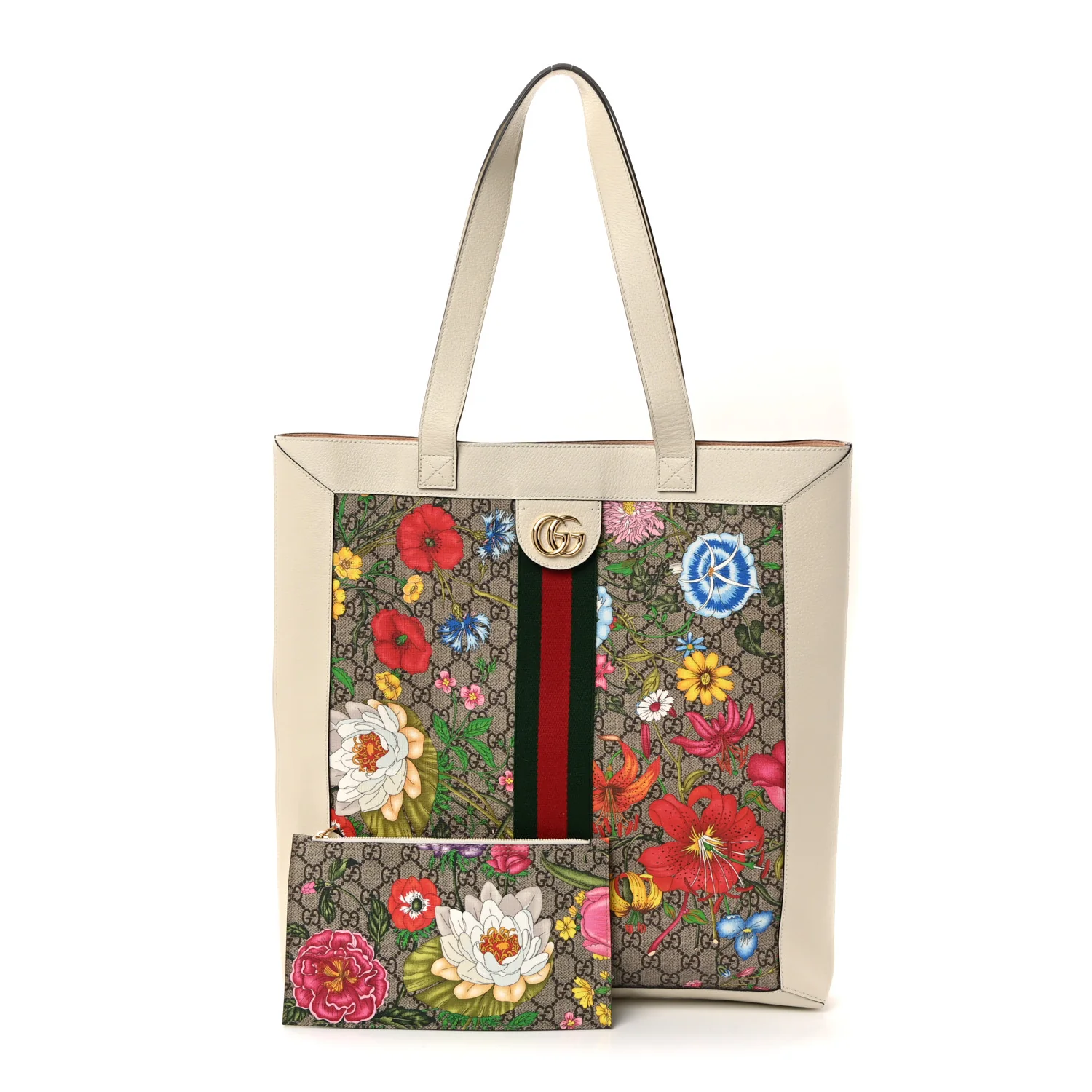 GG Supreme Monogram Flora Web Ophidia Vertical Shopping Tote White - Image 3