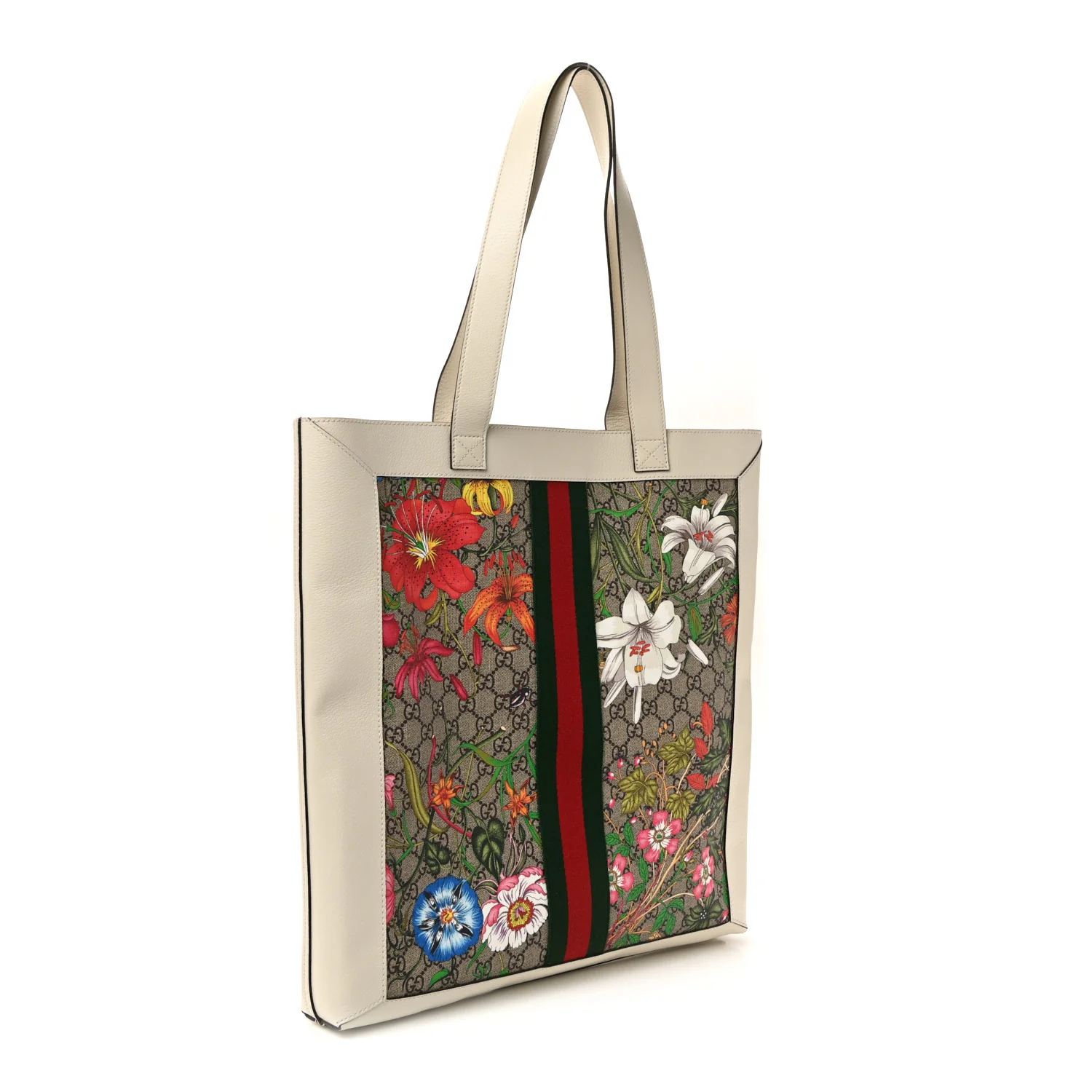 GG Supreme Monogram Flora Web Ophidia Vertical Shopping Tote White - Image 4