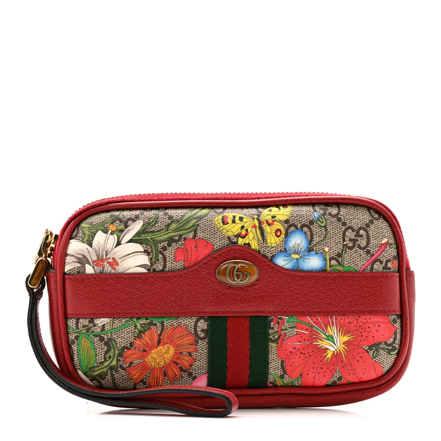 GG Supreme Monogram Flora Web Ophidia Wristlet Bag Red