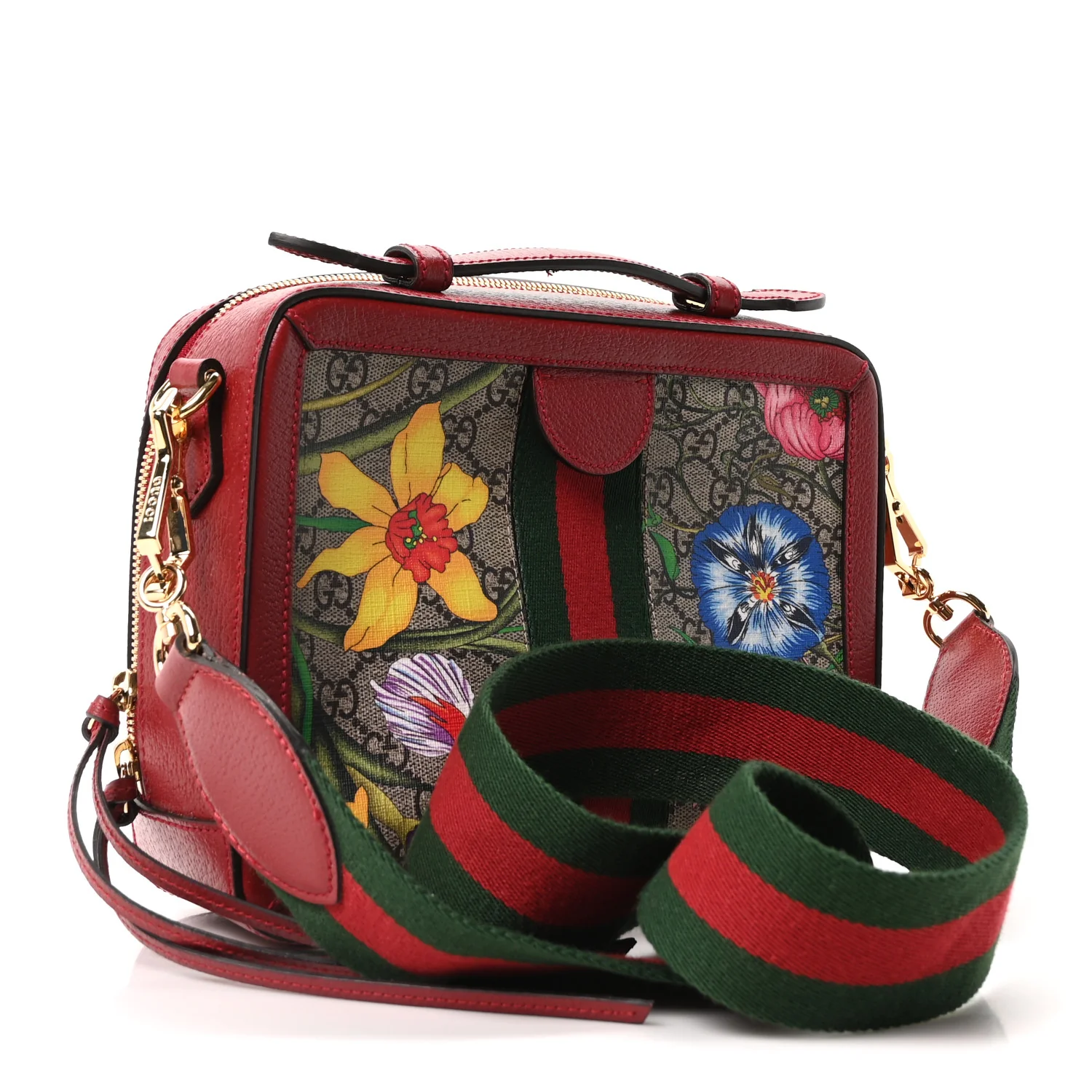 GG Supreme Monogram Flora Web Small Ophidia Top Handle Shoulder Bag Hibiscus Red - Image 3