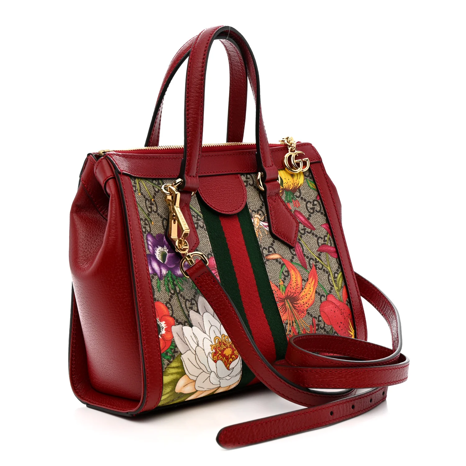 GG Supreme Monogram Flora Web Small Ophidia Tote Bag Red - Image 3