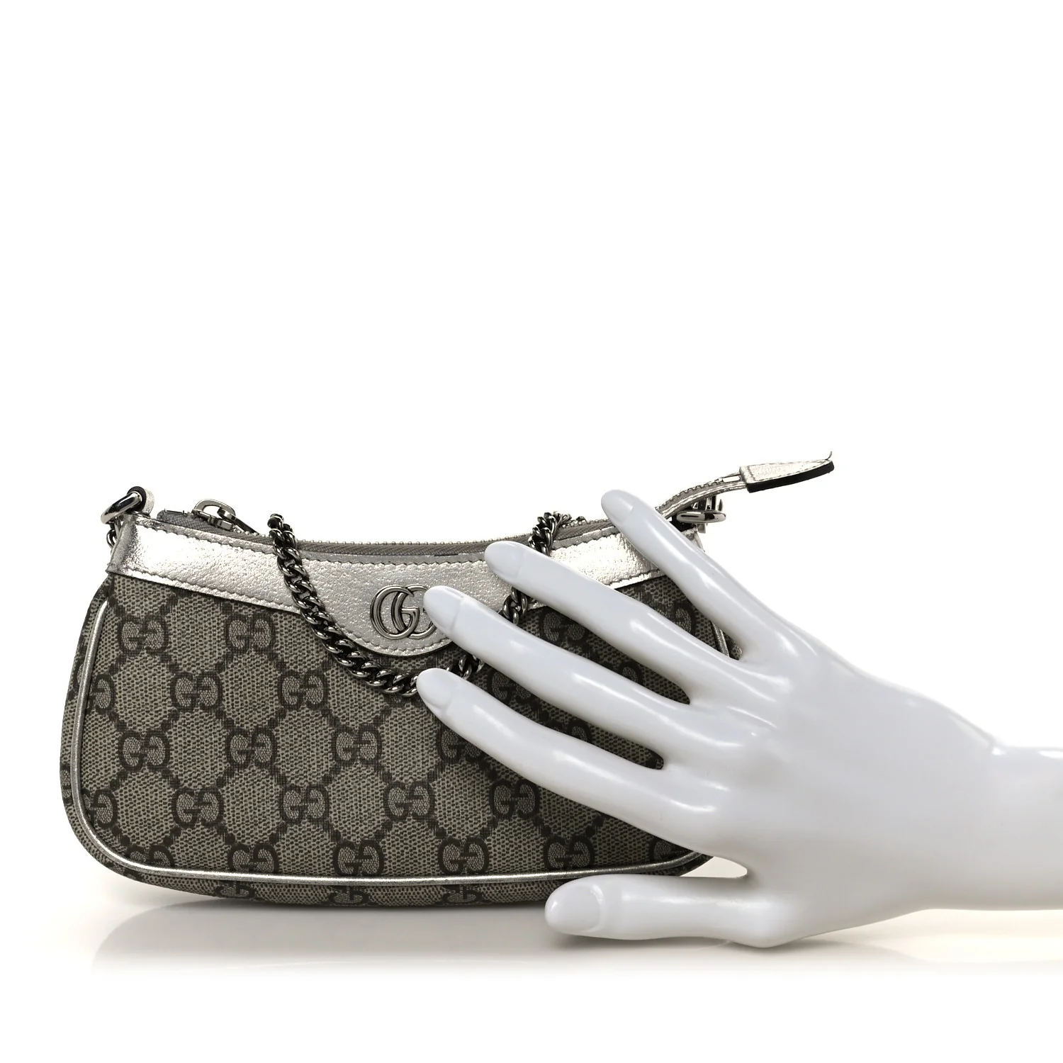 GG Supreme Monogram Lame Textured Dollar Calfskin Mini Ophidia Chain Bag Beige Ebony Silver - Image 2