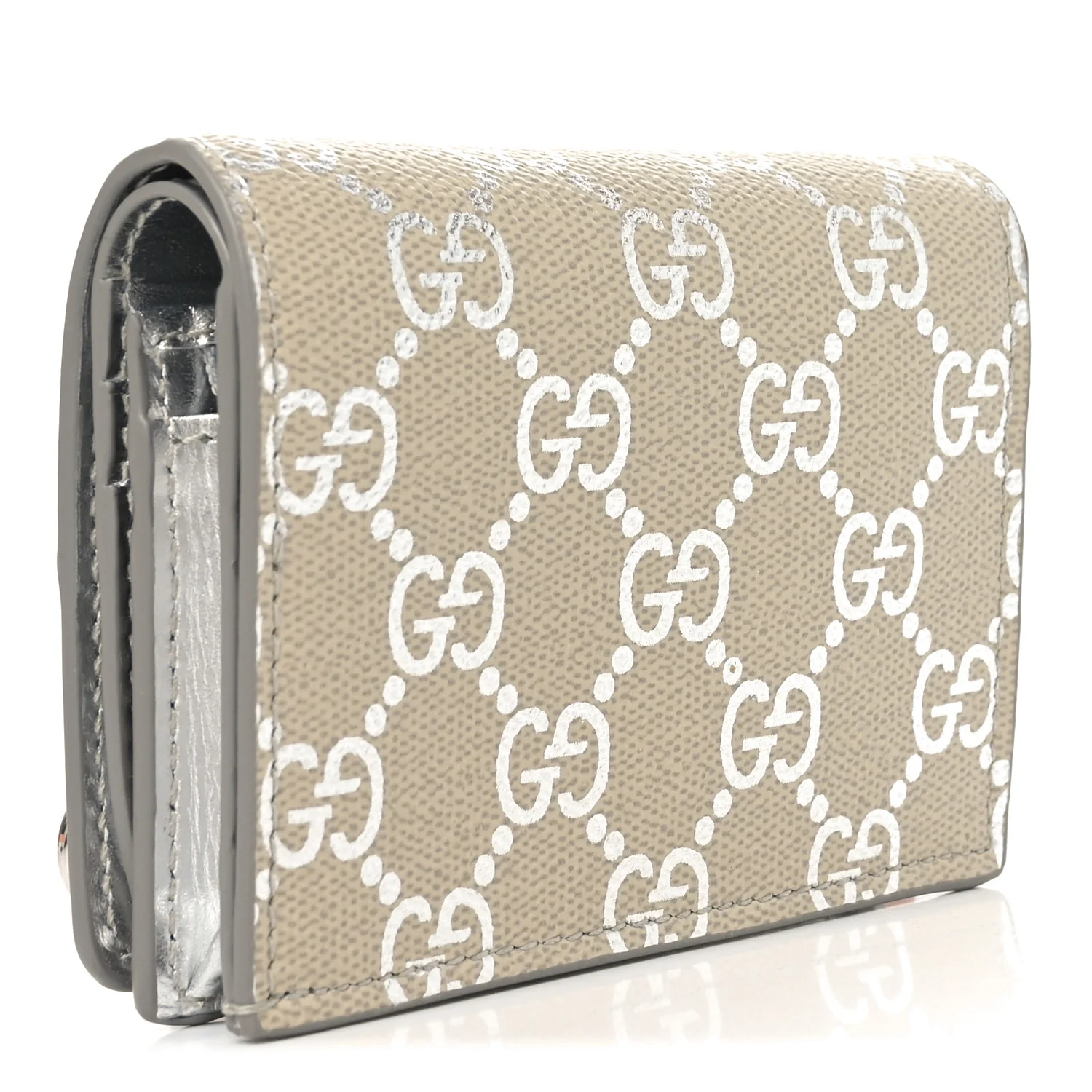 GG Supreme Monogram Metallic Calfskin Emblem Small Wallet Beige Silver - Image 3